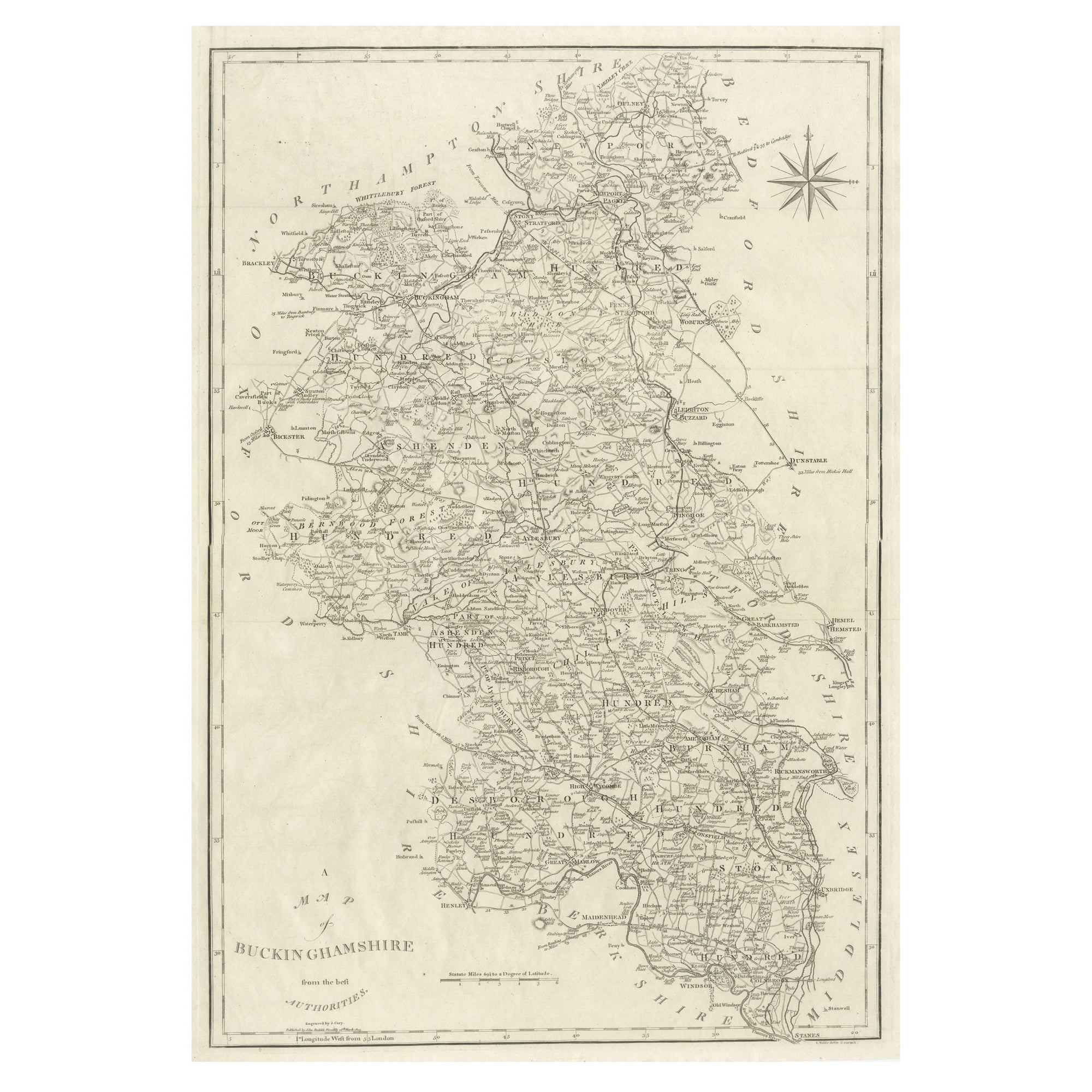 Large Antique County Map of Buckinghamshire, England For Sale