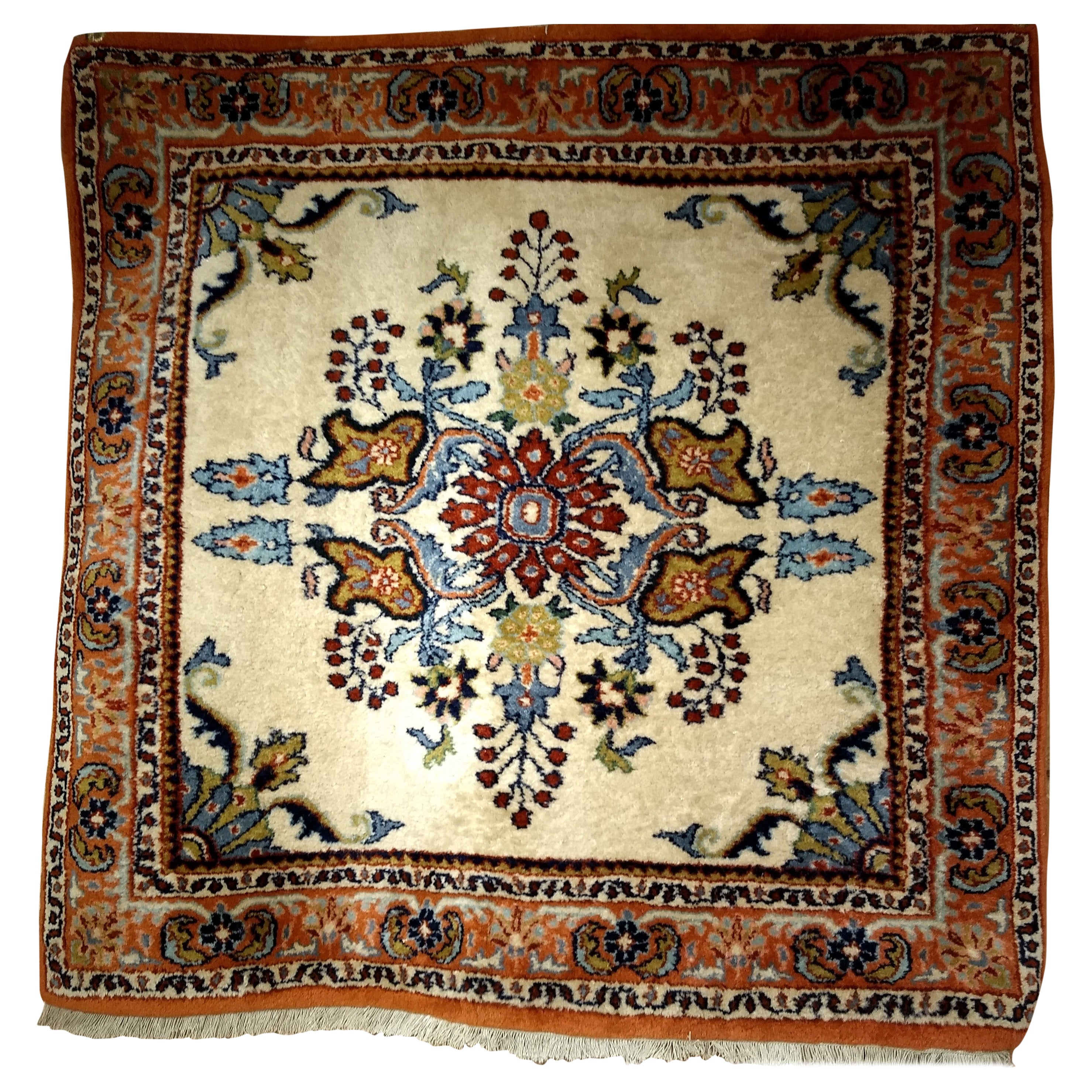 Vintage Square Size Persian Sarouk in Ivory Color, Green, Navy, Red, Blue, Brown