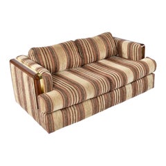 Post Modern Brown Striped Wood and Brass Accent Tuxedo Love Seat Sofa