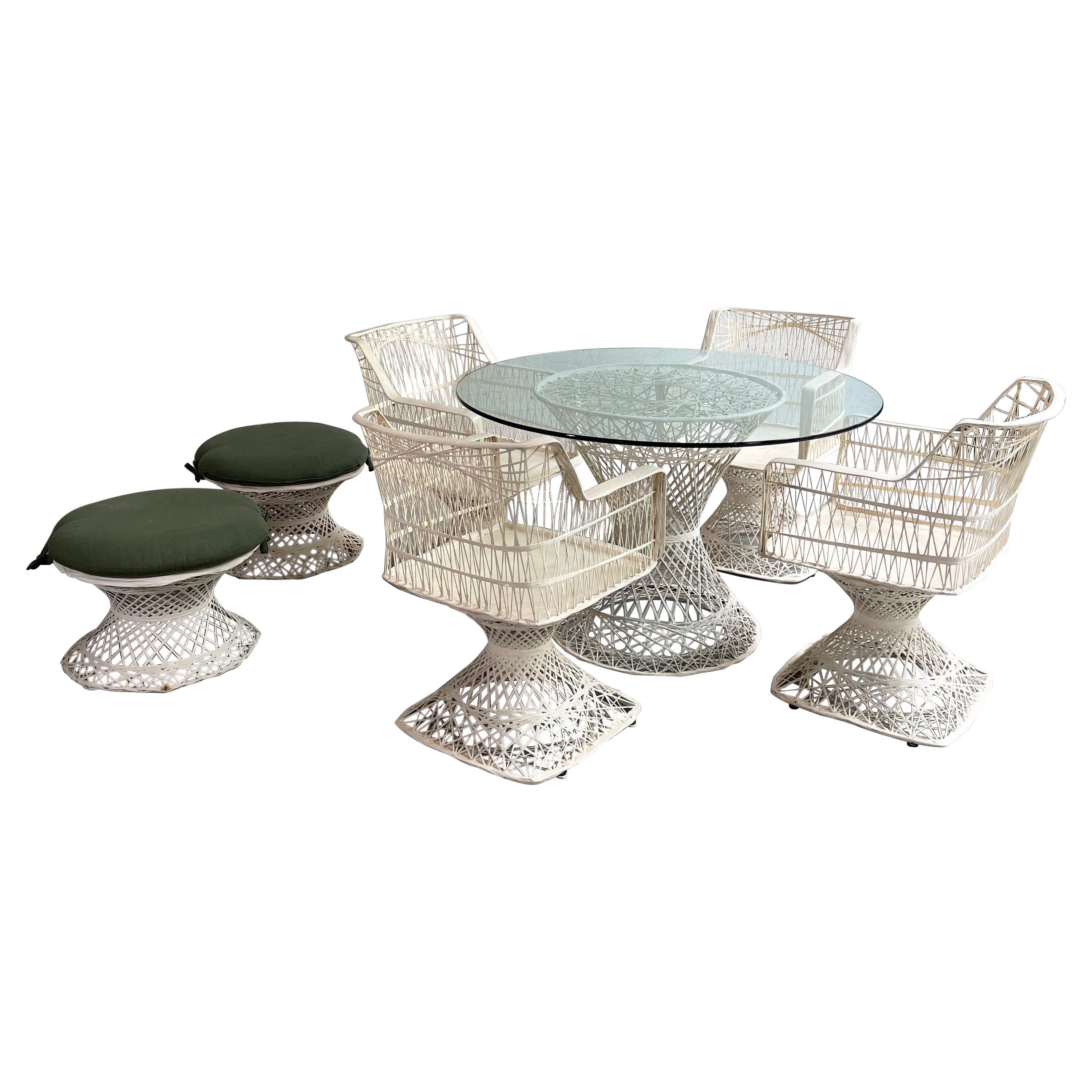 Russell Woodard Woven Fiberglass Patio Dining Set with Ottomans For Sale