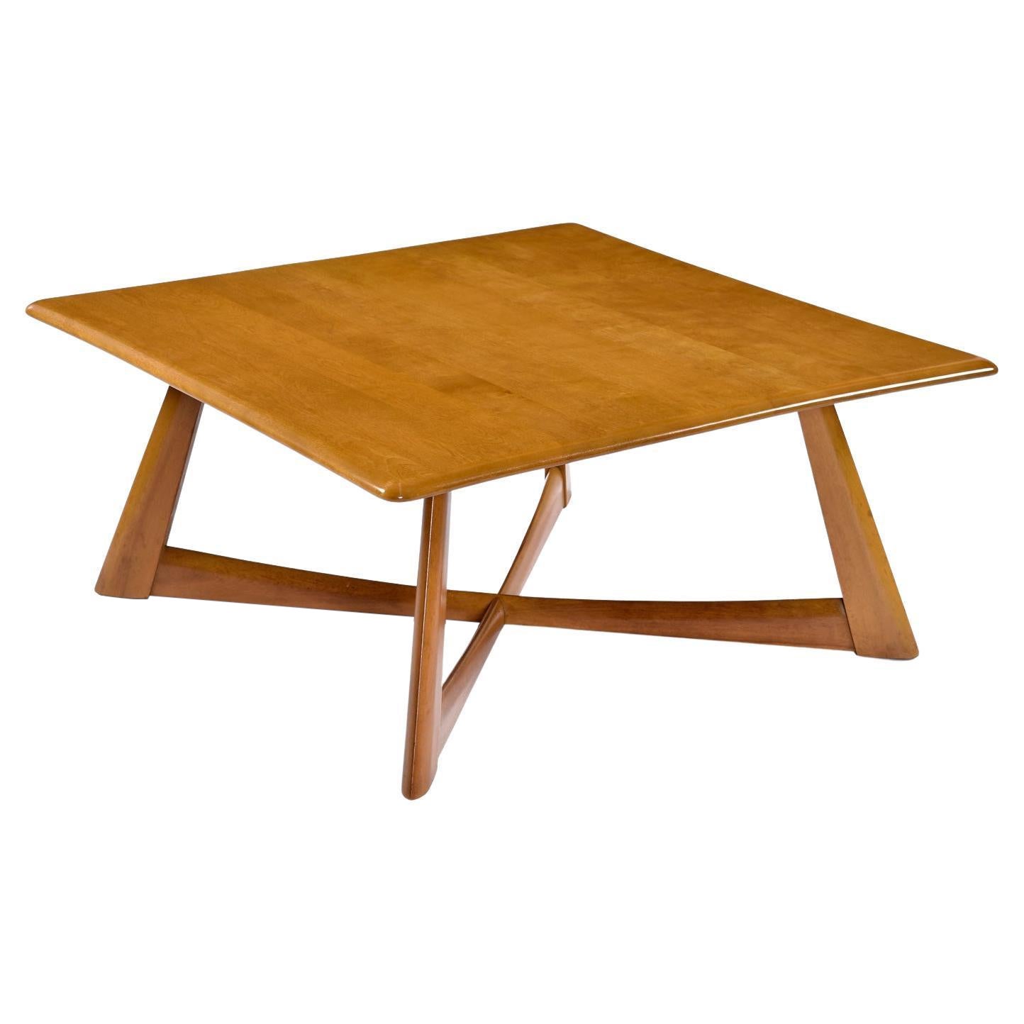 Quadratischer Vintage-Couchtisch aus Heywood Wakefield mit Weizenoberfläche und X-Sockel