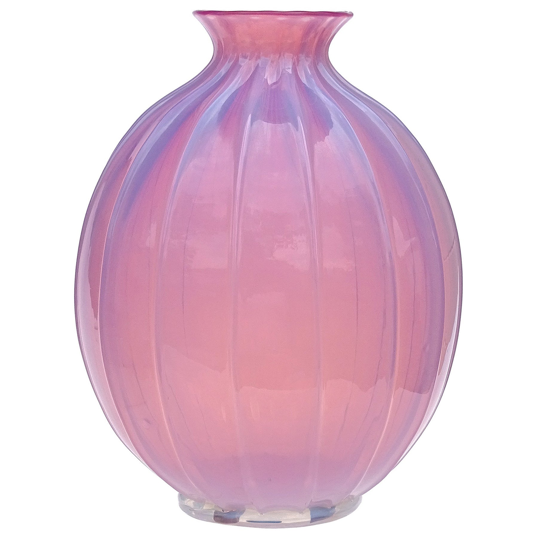 Barovier Murano Pink Opalescent Italian Art Glass Paneled Surface Flower Vase