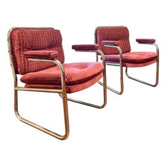 Pair of Mid-Century Modern Tubular Vintage Arm Chairs in Checker Wine Velvet