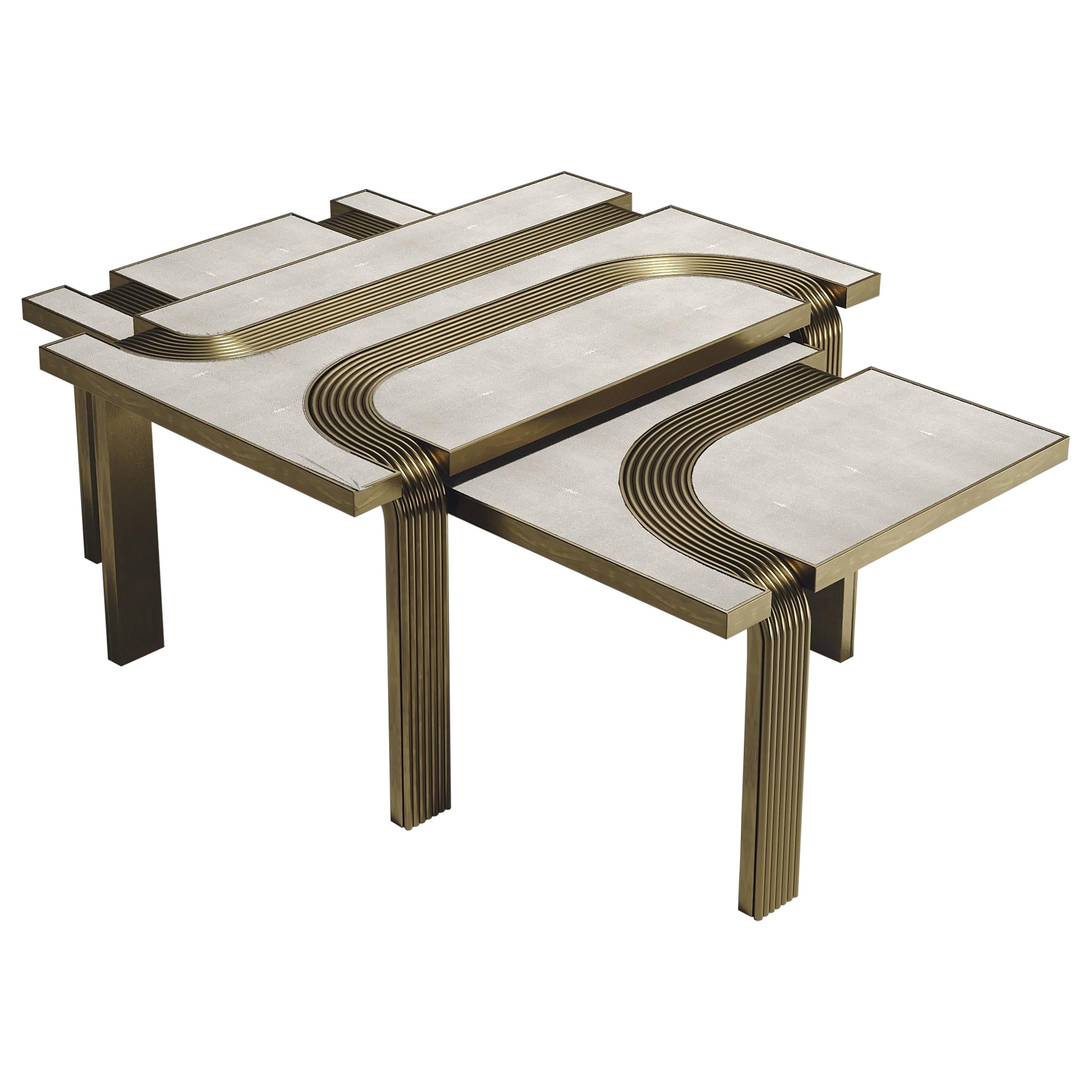 Shagreen Nesting Coffee Tables with Bronze-Patina Brass Inlay by R&Y Augousti For Sale