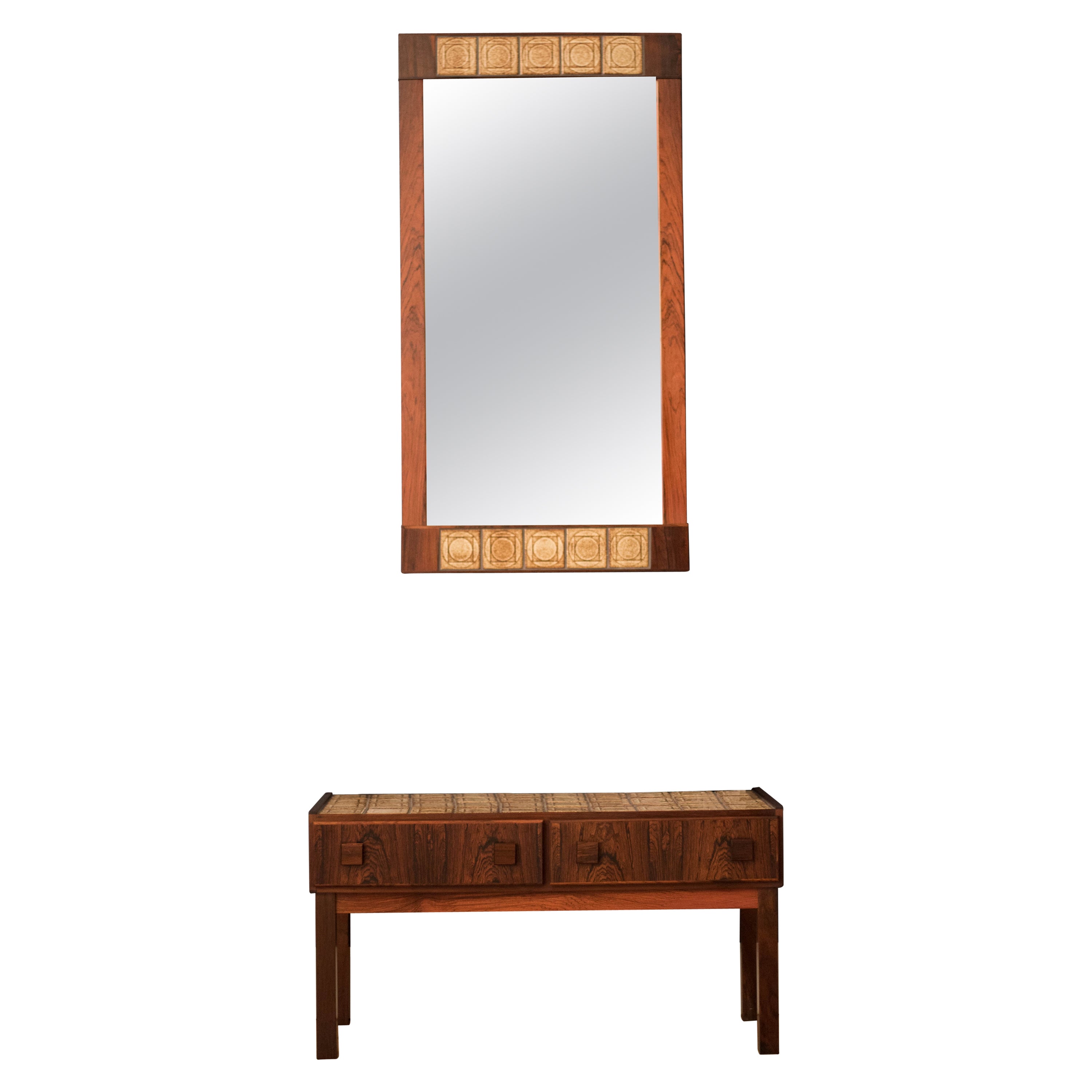 Vintage Two Piece Danish Rosewood Hanging Wall Mirror and Entry Hallway Chest For Sale
