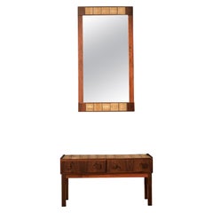 Retro Two Piece Danish Rosewood Hanging Wall Mirror and Entry Hallway Chest