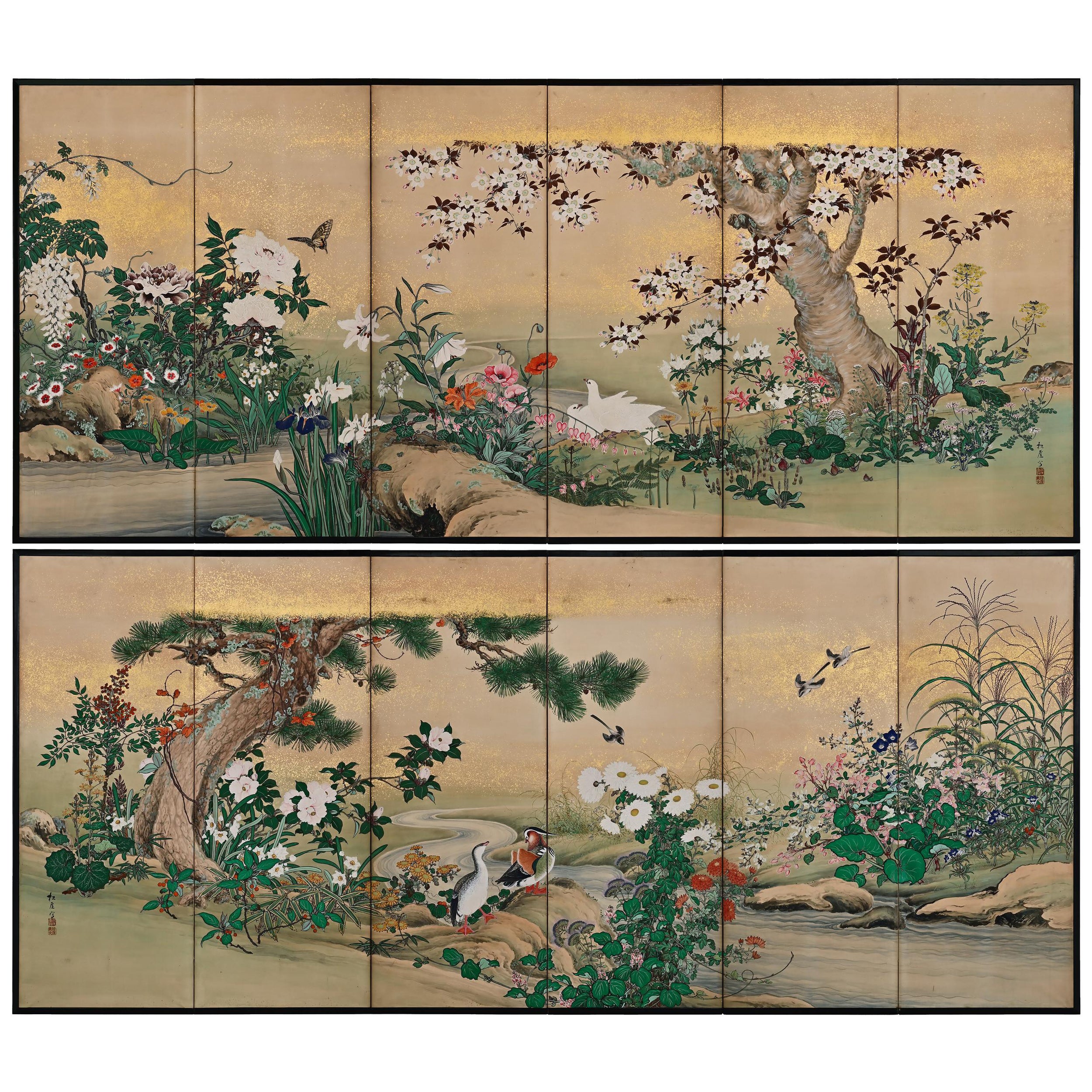 Paire de paravents japonais du XIXe siècle. Fleurs et oiseaux des quatre saisons.