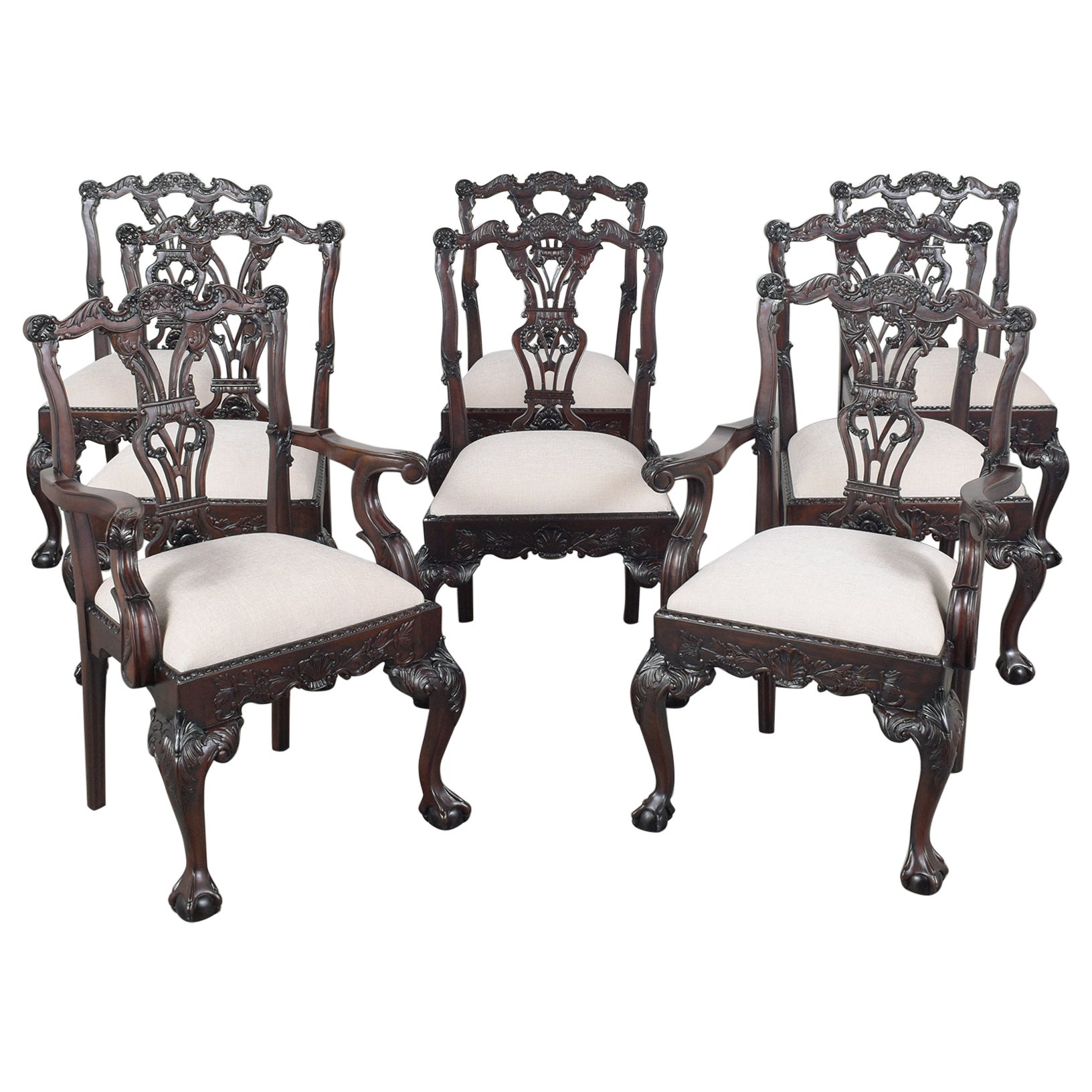 Set of 8 Restored Chippendale-Style Mahogany Dining Chairs with Ivory Upholstery