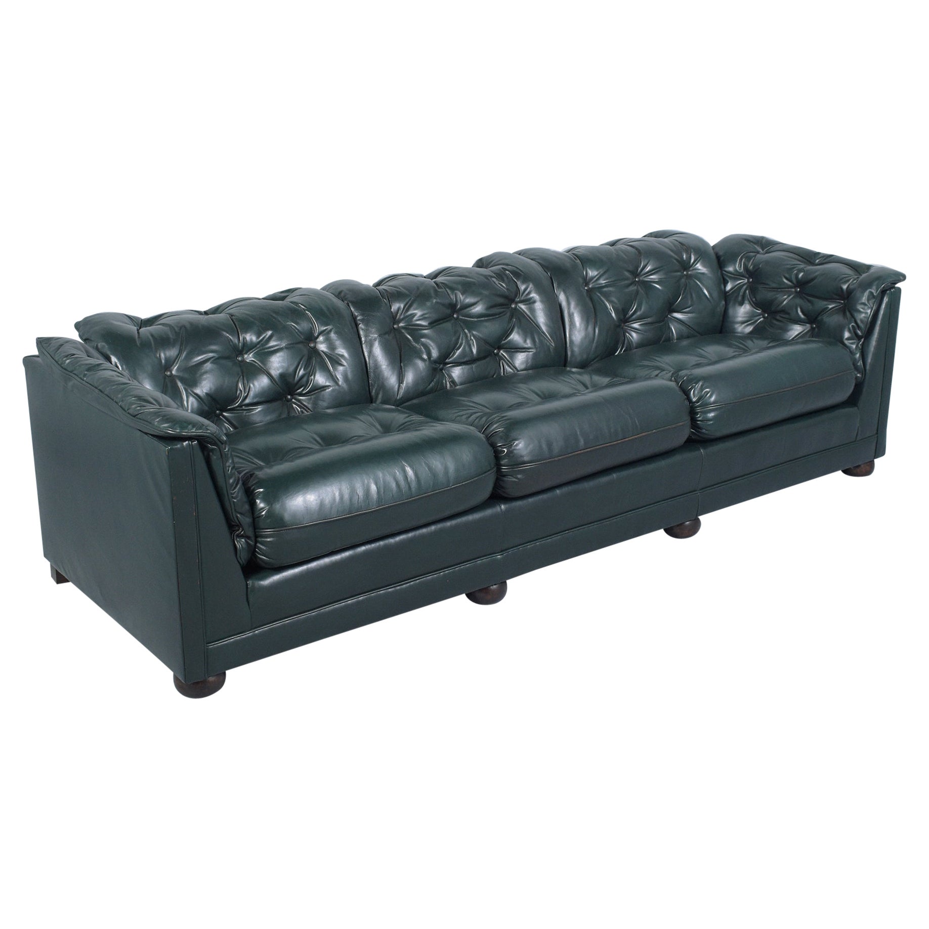 1960s Vintage Emerald Green Tufted Chesterfield Leather Sofa