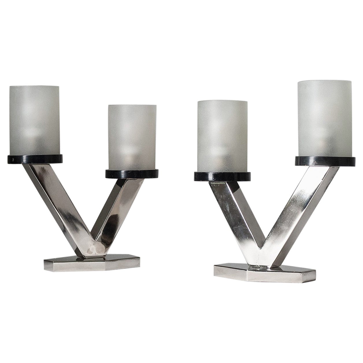 Art Deco Table Lamps, 1920s, Nickel and Glass For Sale