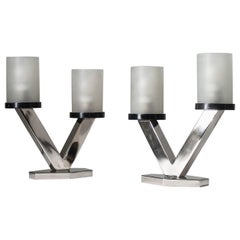 Art Deco Table Lamps, 1920s, Nickel and Glass