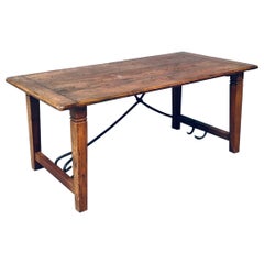 French Rustic Farmhouse Trestle Oak & Wrought Iron Dining Table, 1960s France