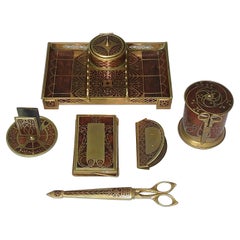 Rare 6 Piece Writing Desk Set Erhard & Sohne Wood Inlay Brass Art Nouveau 1900