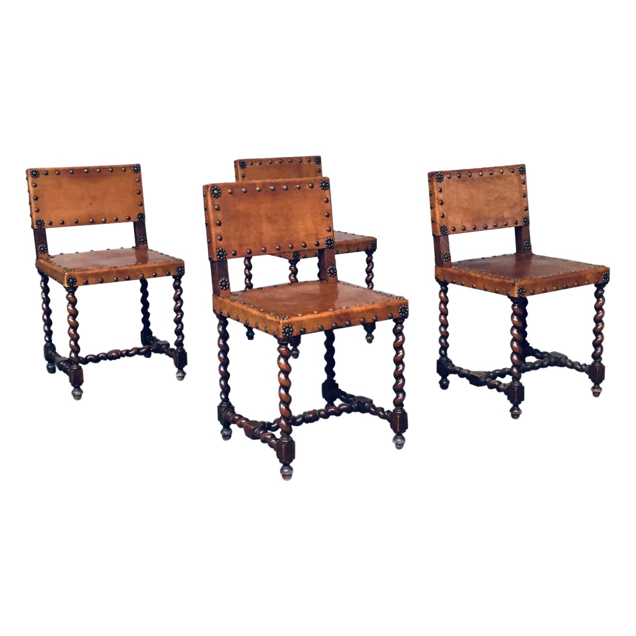 English Cromwellian Style Tan Leather & Oak Side Chairs, Early 1900s For Sale