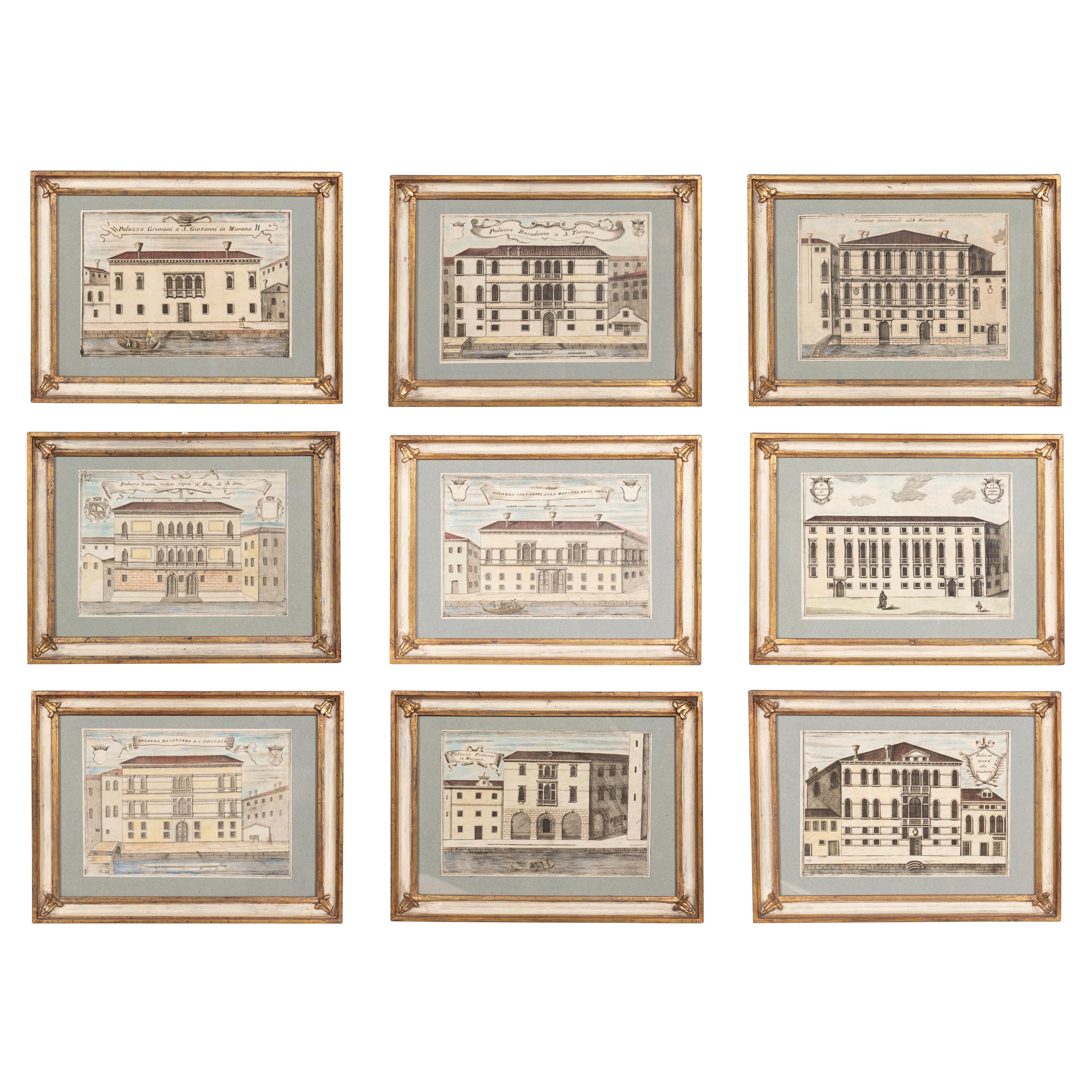 Group of Nine Framed Colored Engravings of Venetian Palazzos For Sale