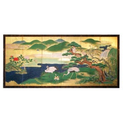 Edo Landscape Japanese Folding Screen Six Panels Hand Painted Gold Leaf