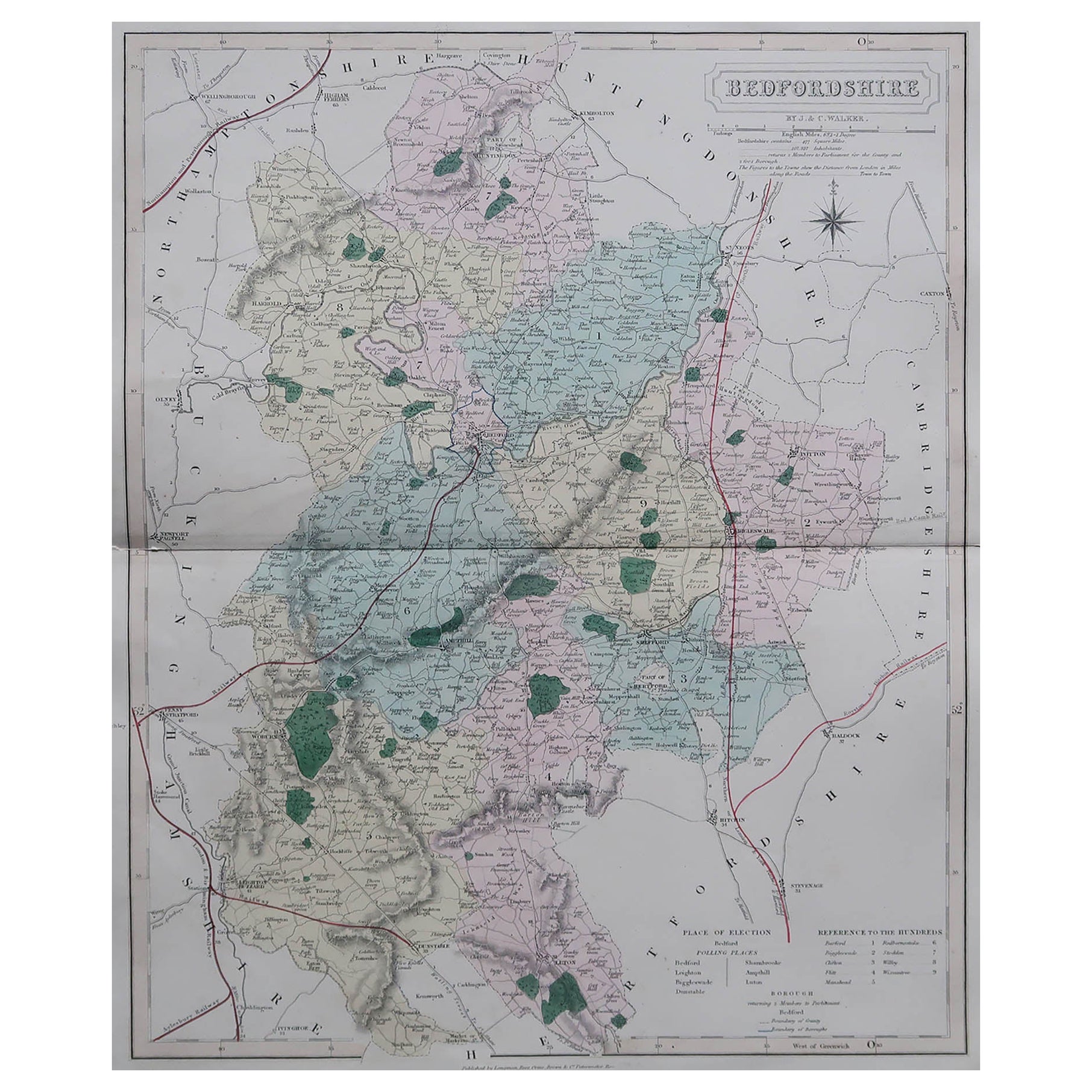Original Antique English County Map, Bedfordshire. J & C Walker. 1851