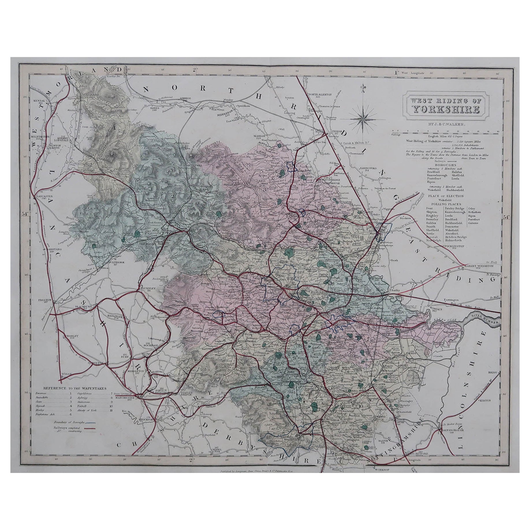 Original Antique English County Map - West Yorkshire. J & C Walker. 1851 For Sale