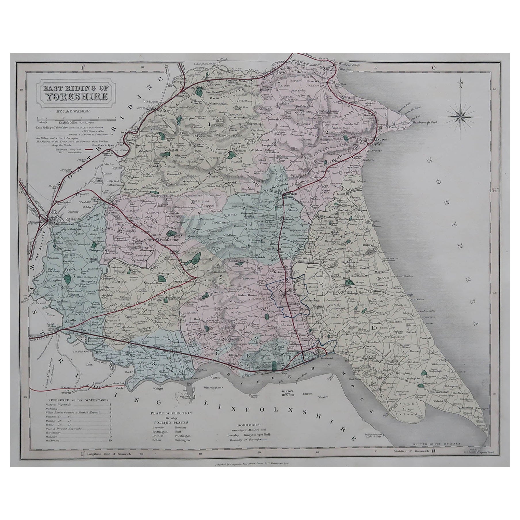 Original Antique English County Map, East Yorkshire, J & C Walker, 1851