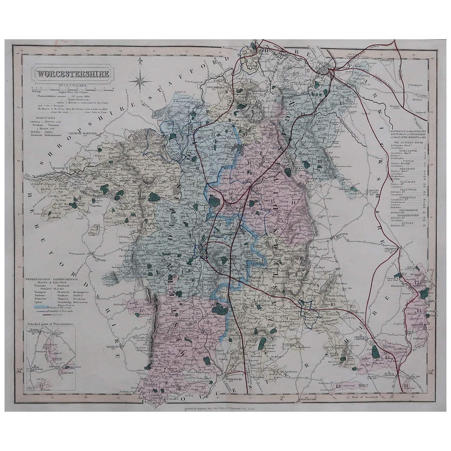 Antike englische Grafschaftskarte, Worcestershire, J & C Walker, 1851