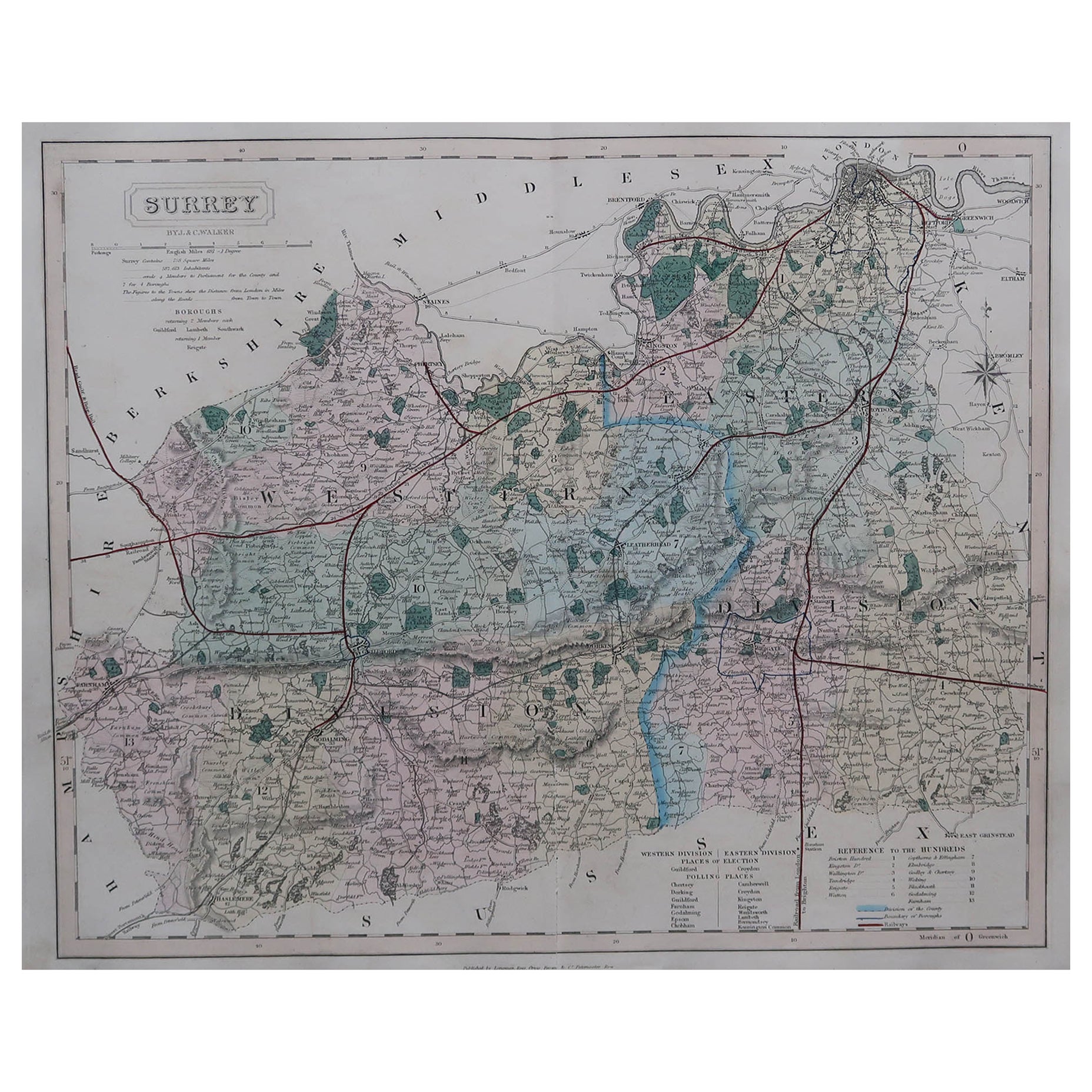 Original Antique English County Map - Surrey. J & C Walker. 1851 For Sale