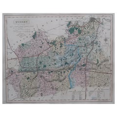 Original Antique English County Map - Surrey. J & C Walker. 1851