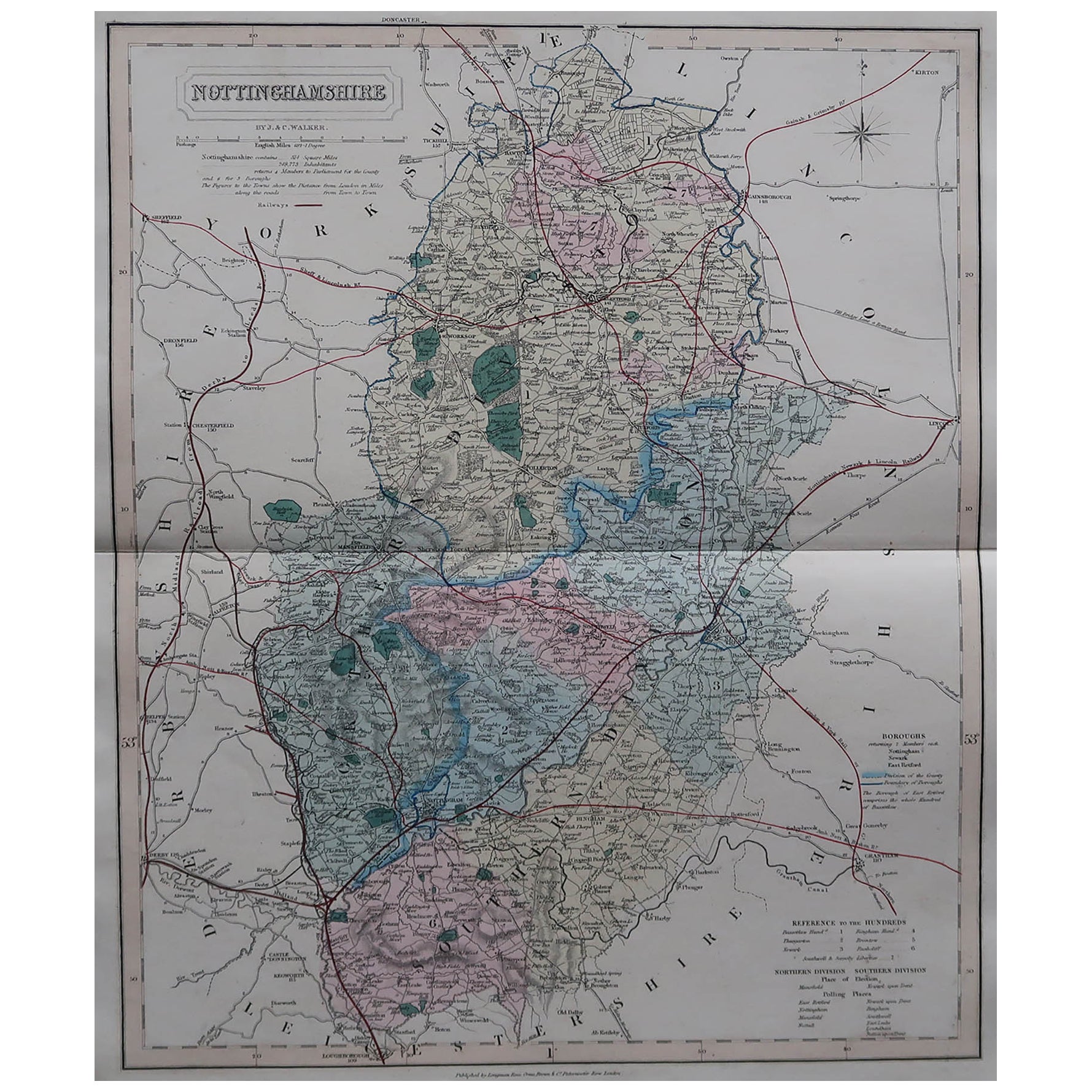 Antike englische Grafschaftskarte, Nottinghamshire, J & C Walker, 1851