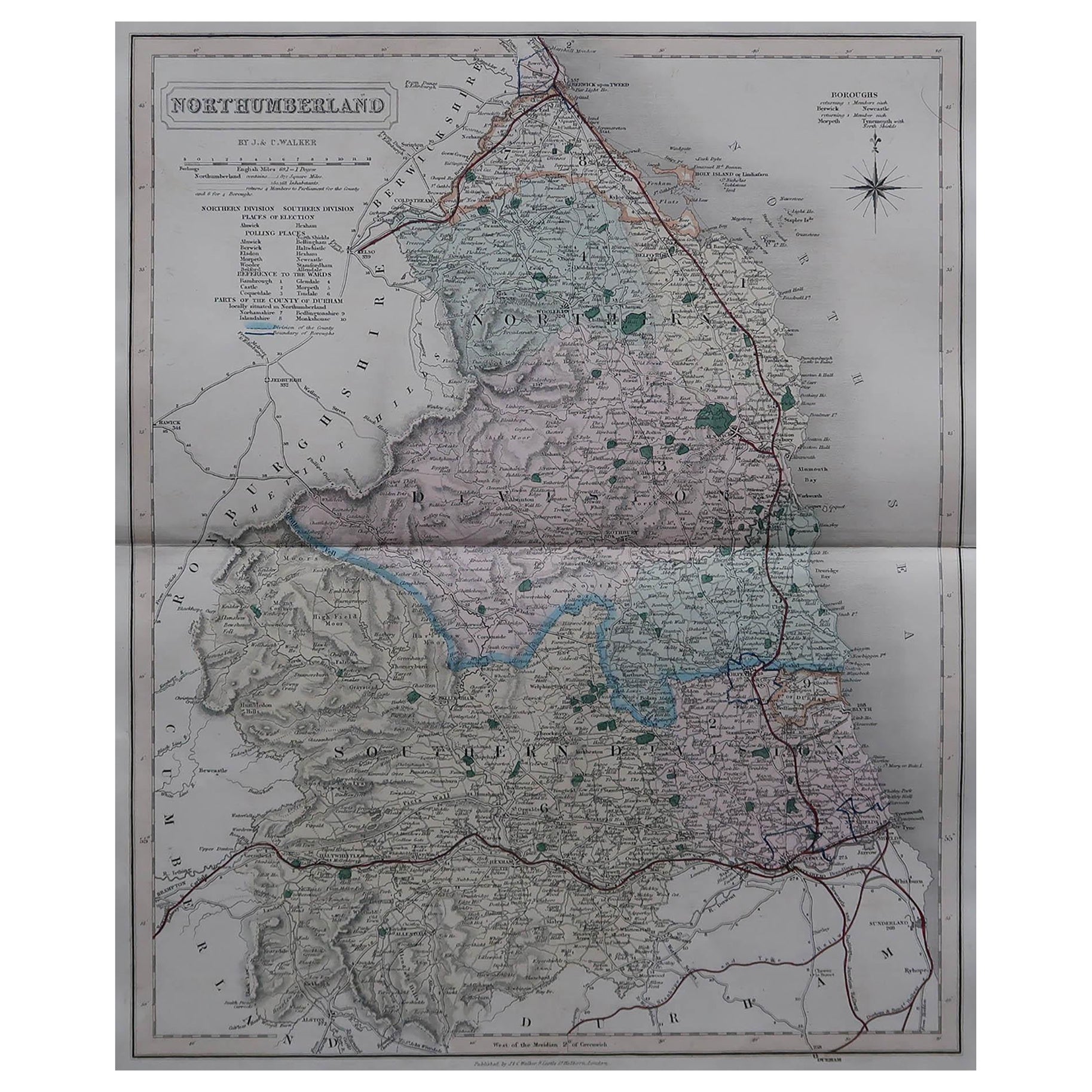 Original Antique English County Map, Northumberland, J & C Walker, 1851