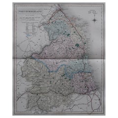 Original Antique English County Map, Northumberland, J & C Walker, 1851