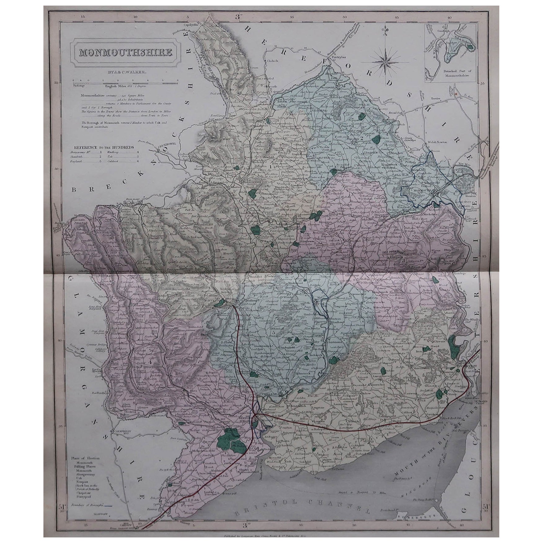 Original Antique English County Map - Monmouthshire. J & C Walker. 1851