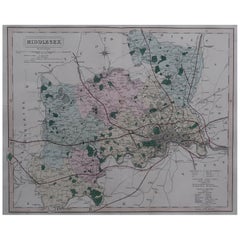 Original Antique English County Map - Middlesex. J & C Walker. 1851