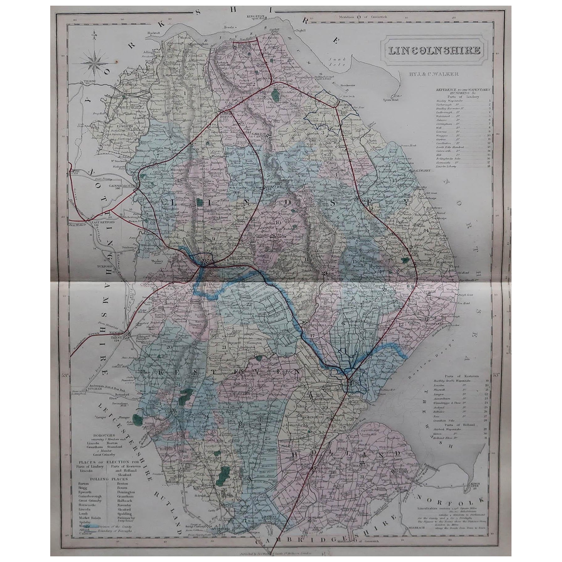 Original Antique English County Map, Lincolnshire, J & C Walker, 1851 For Sale