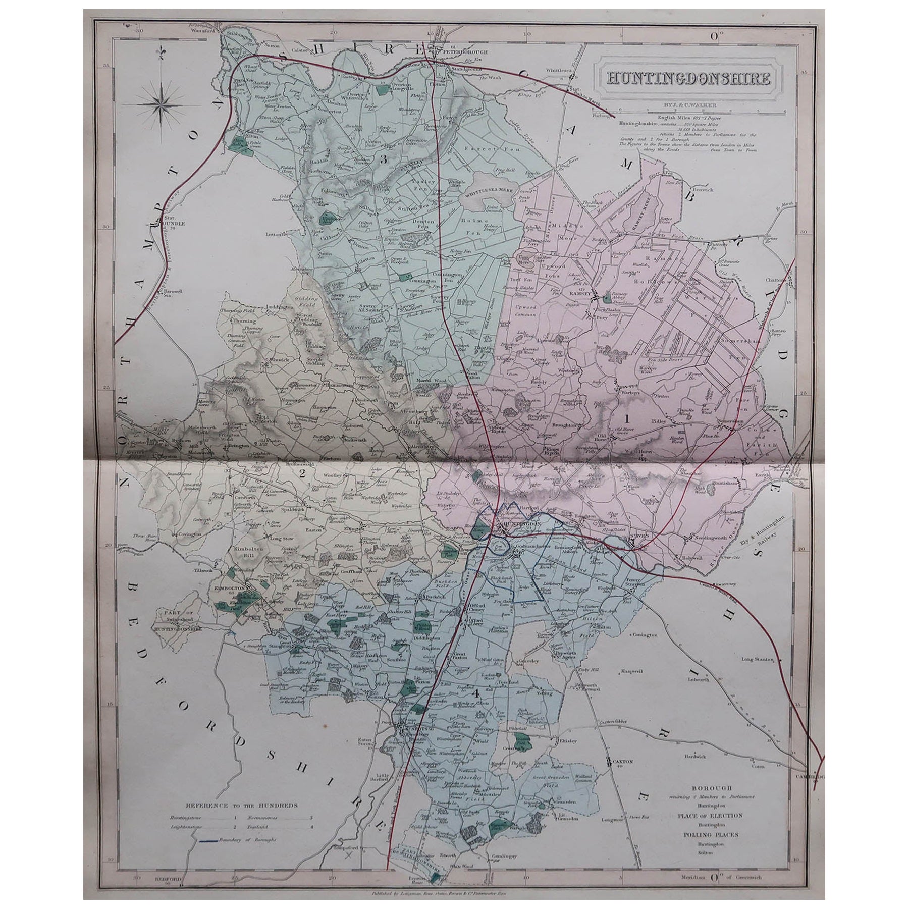 Antike englische Grafschaftskarte, Huntingdonshire, J & C Walker, 1851