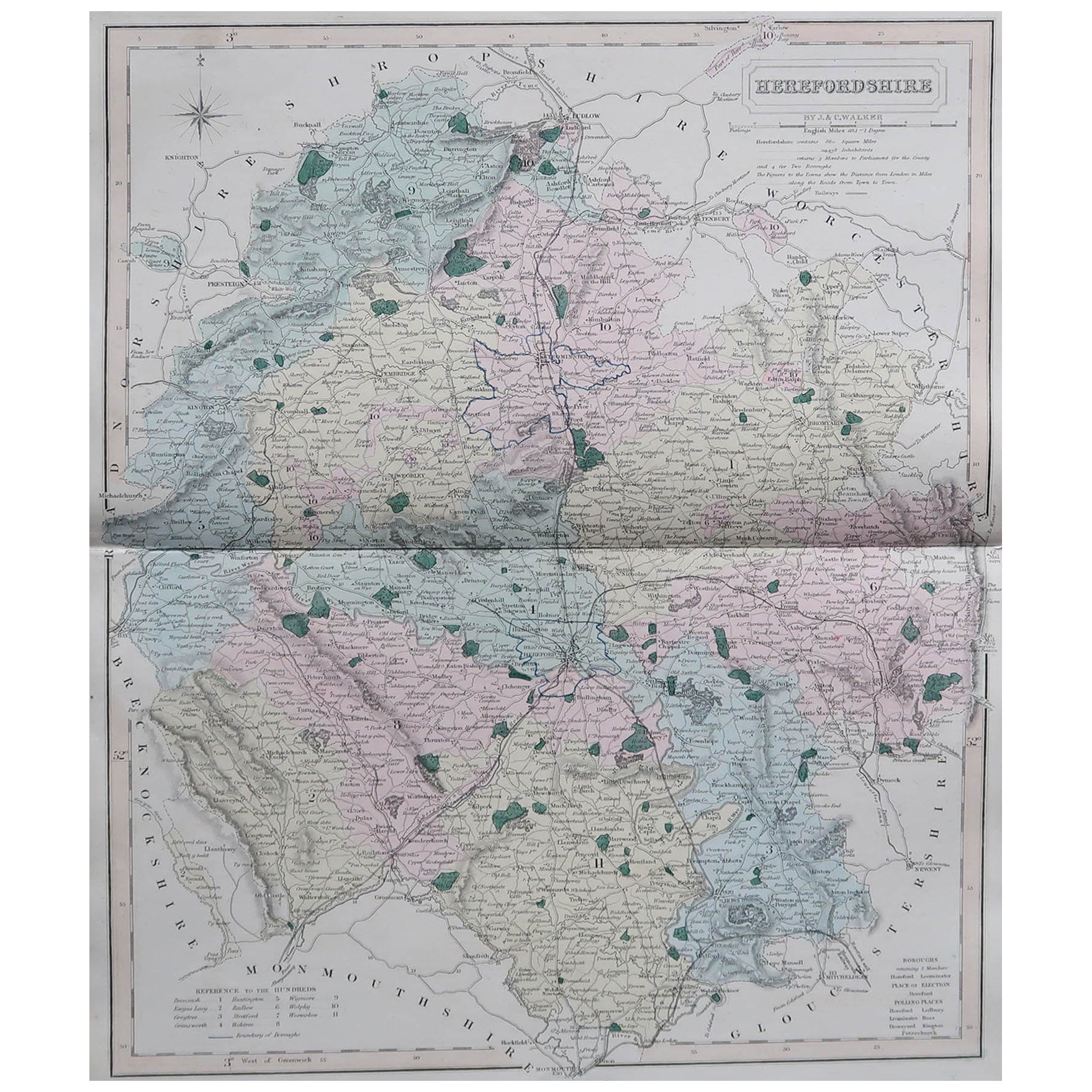 Original Antique English County Map, Herefordshire, J & C Walker, 1851 For Sale