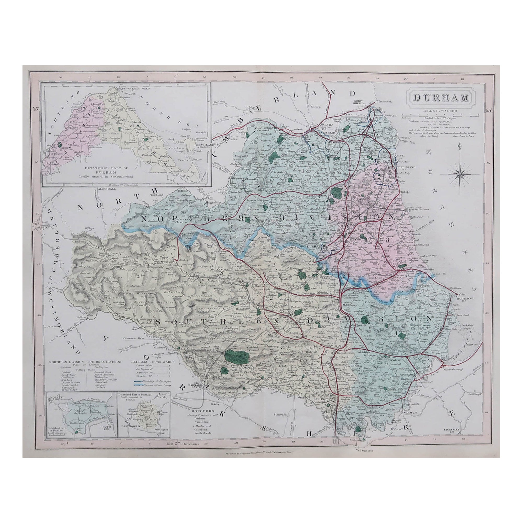 Original Antique English County Map, Durham, J & C Walker, 1851 For Sale