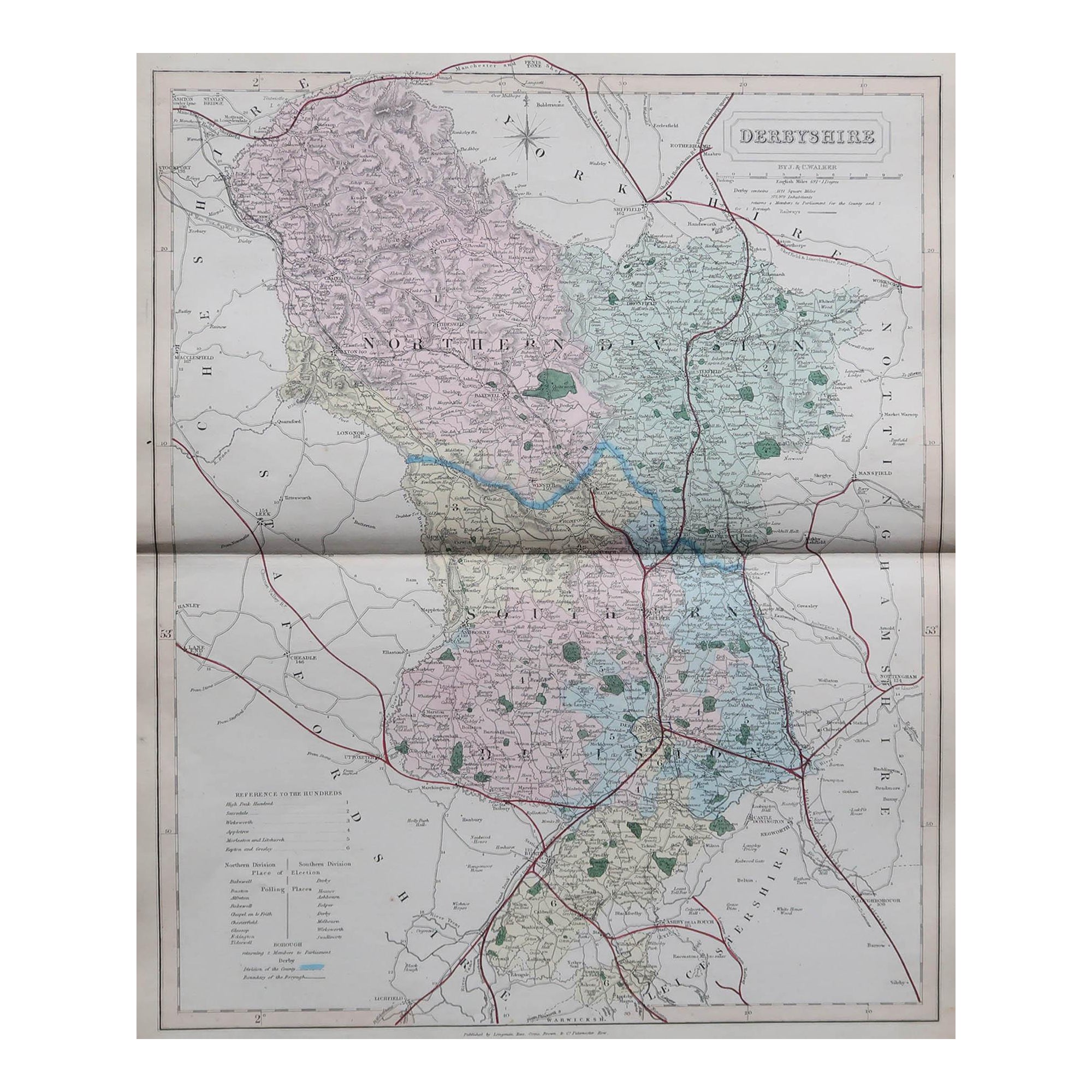 Antike englische Grafschaftskarte, Derbyshire, J & C Walker, 1851