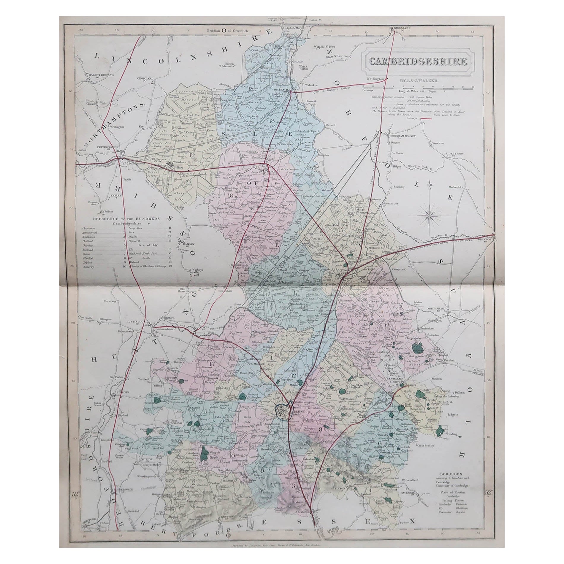 Original Antique English County Map, Cambridgeshire, J & C Walker, 1851 For Sale