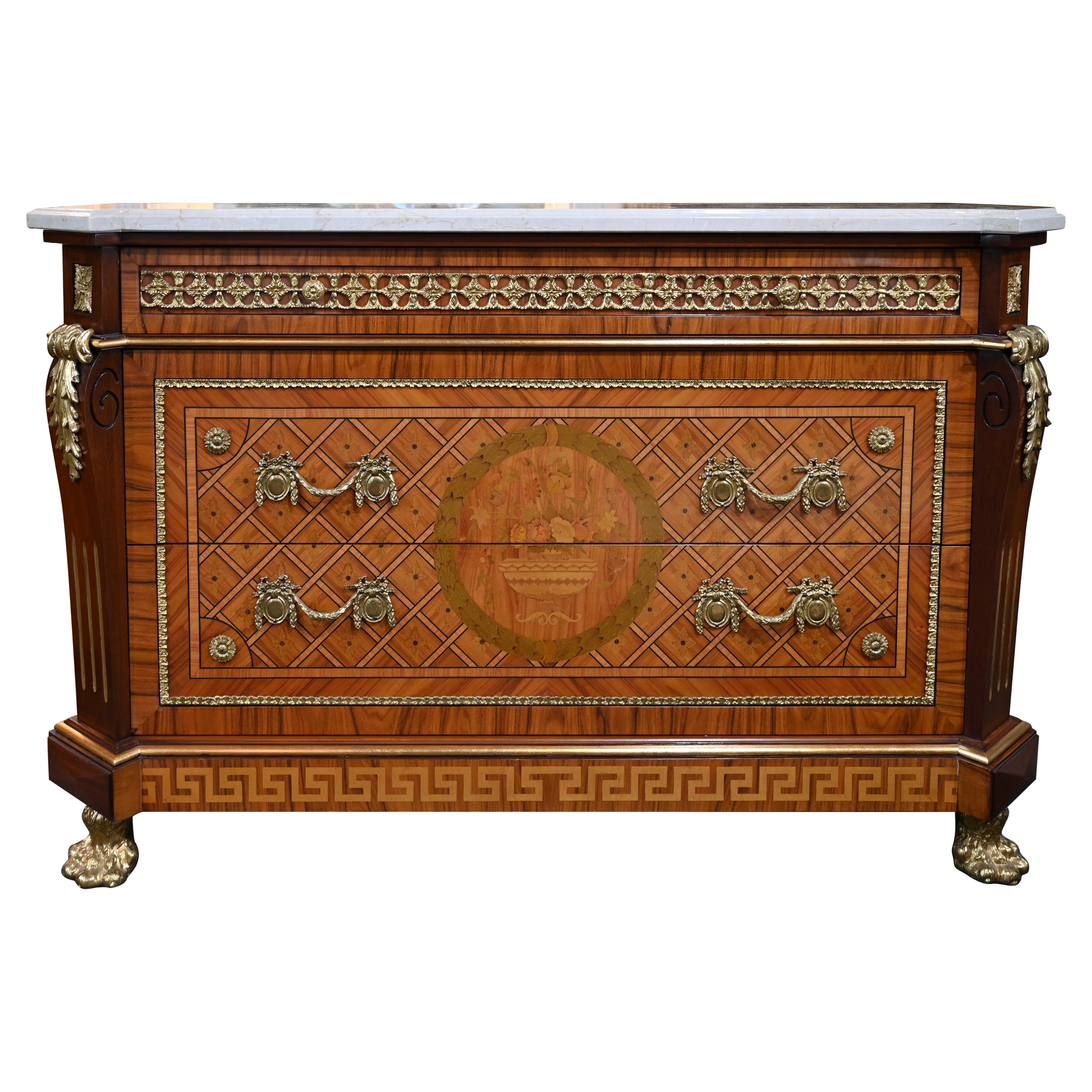 Louis XVI Style Ormolu Mounted Commode with Italian White Marble Top For Sale