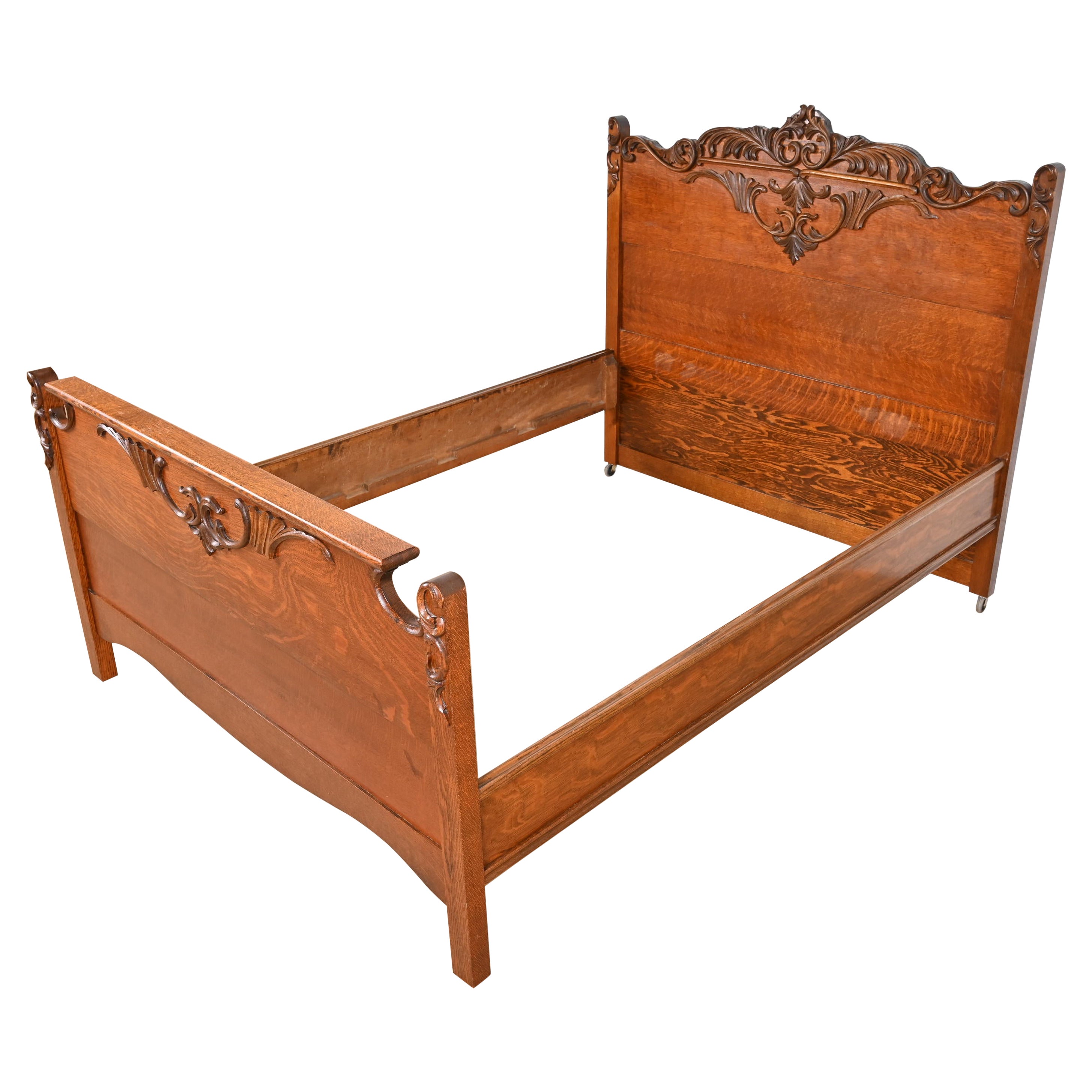 Antique Victorian Carved Oak Full Size Bed, circa 1890s For Sale