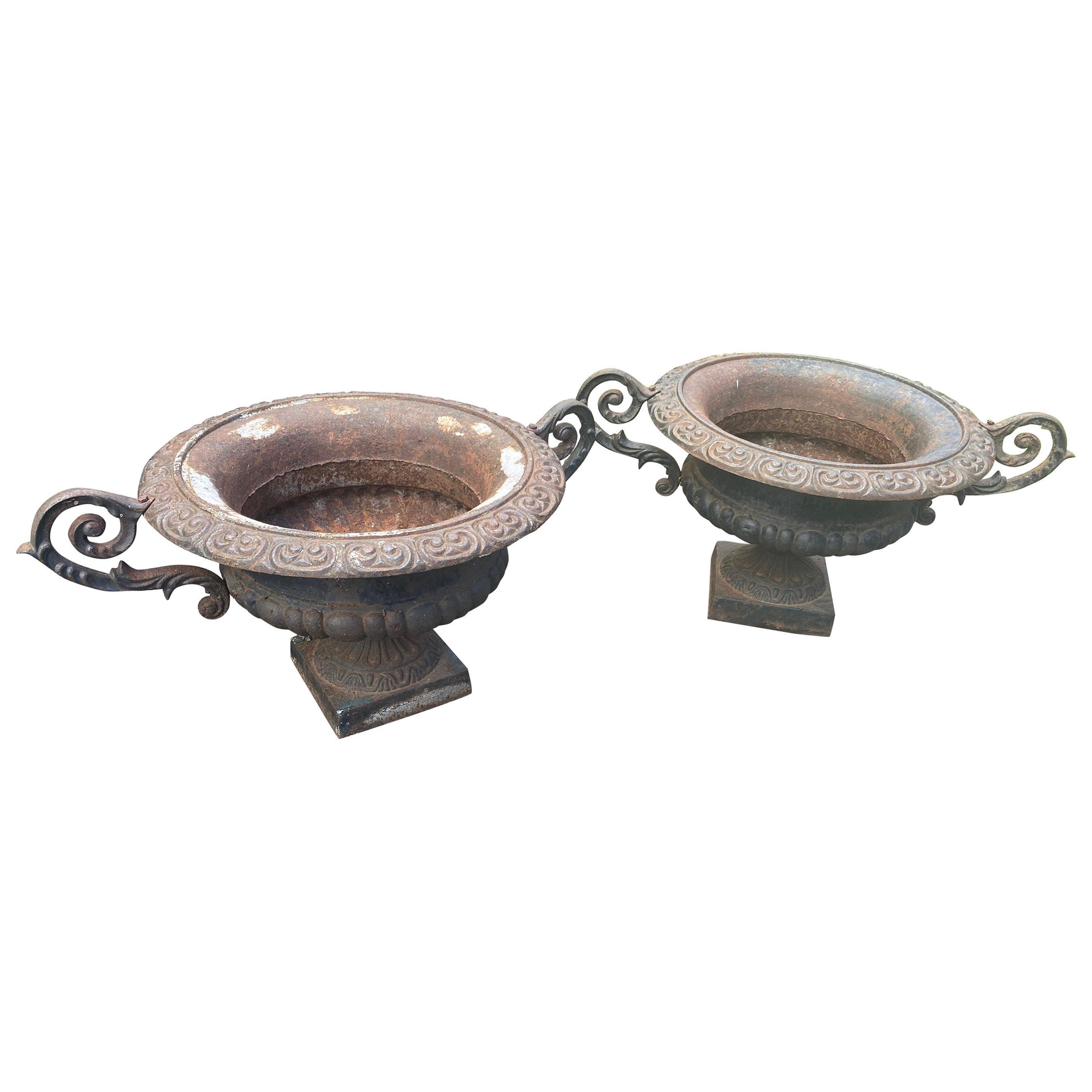 Neoclassical Pair of Brown Iron Garden Planters Urns with Fancy Handles For Sale