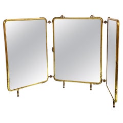 Vintage Triptych Barber's Mirror in Gilt Brass and Leather