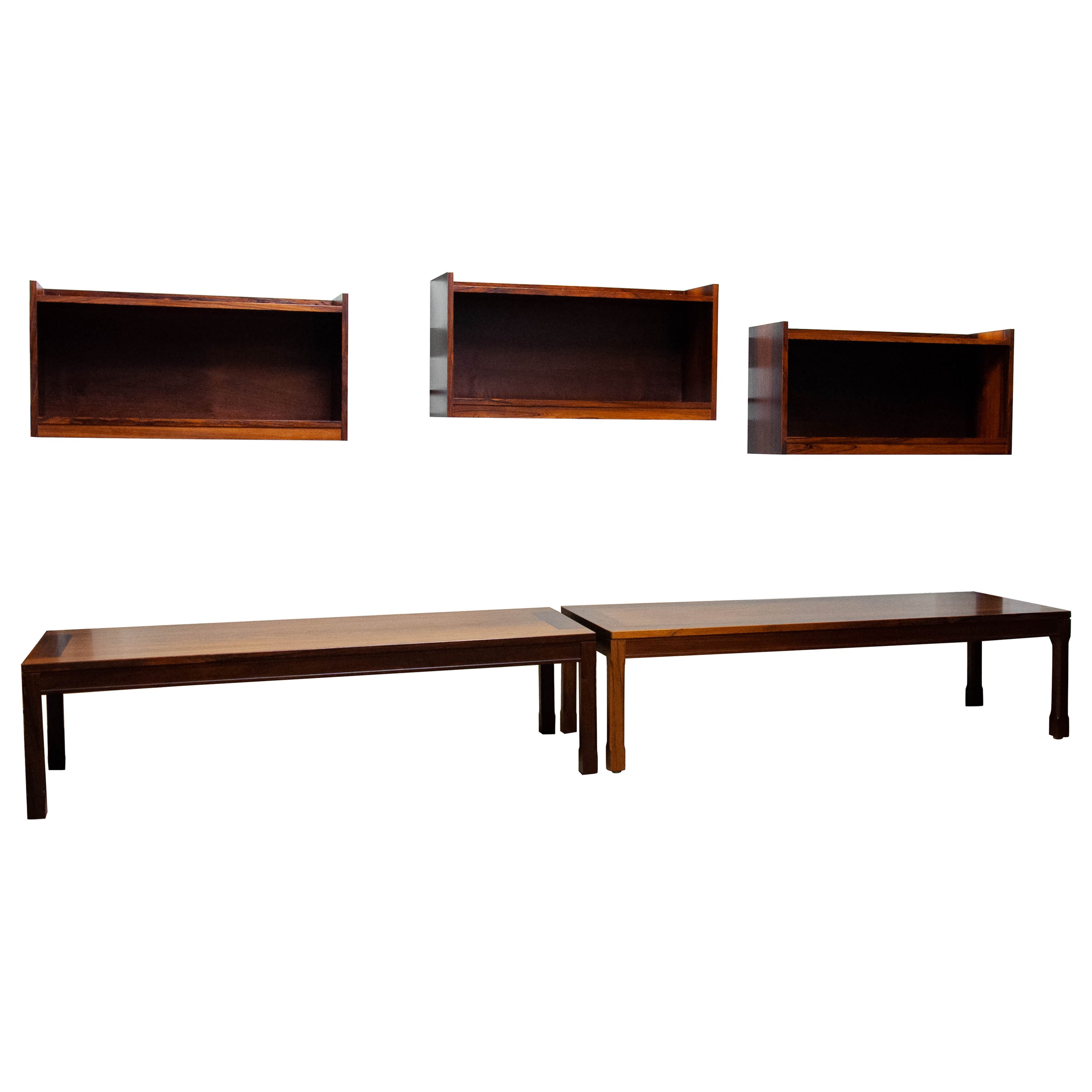 60s Hovering Rosewood Wall Mounted Cabinets Shelfs With Two Matching Side Tables For Sale
