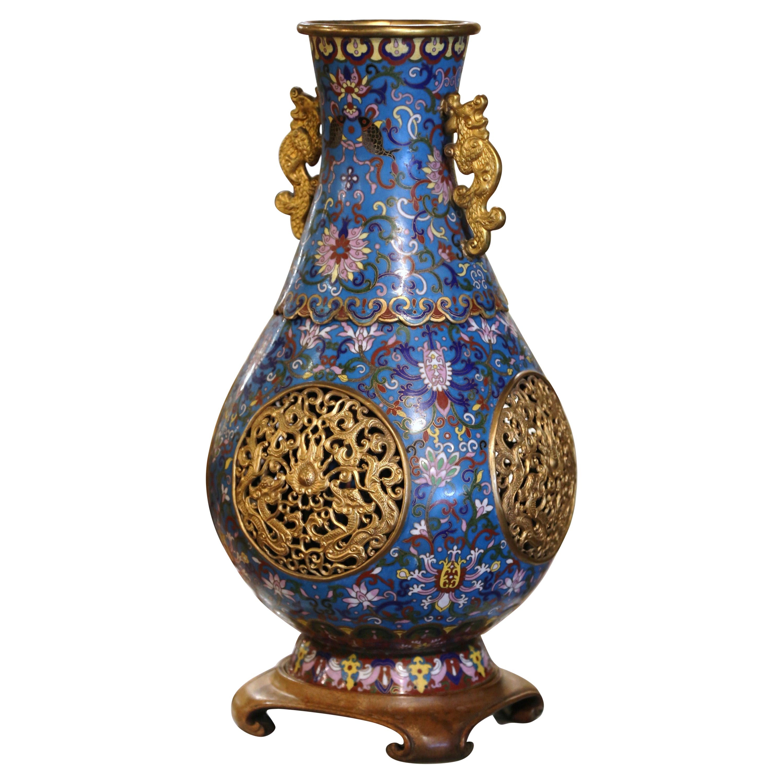 19th Century Chinese Cloisonne Enamel Reticulated Vase on Stand For Sale