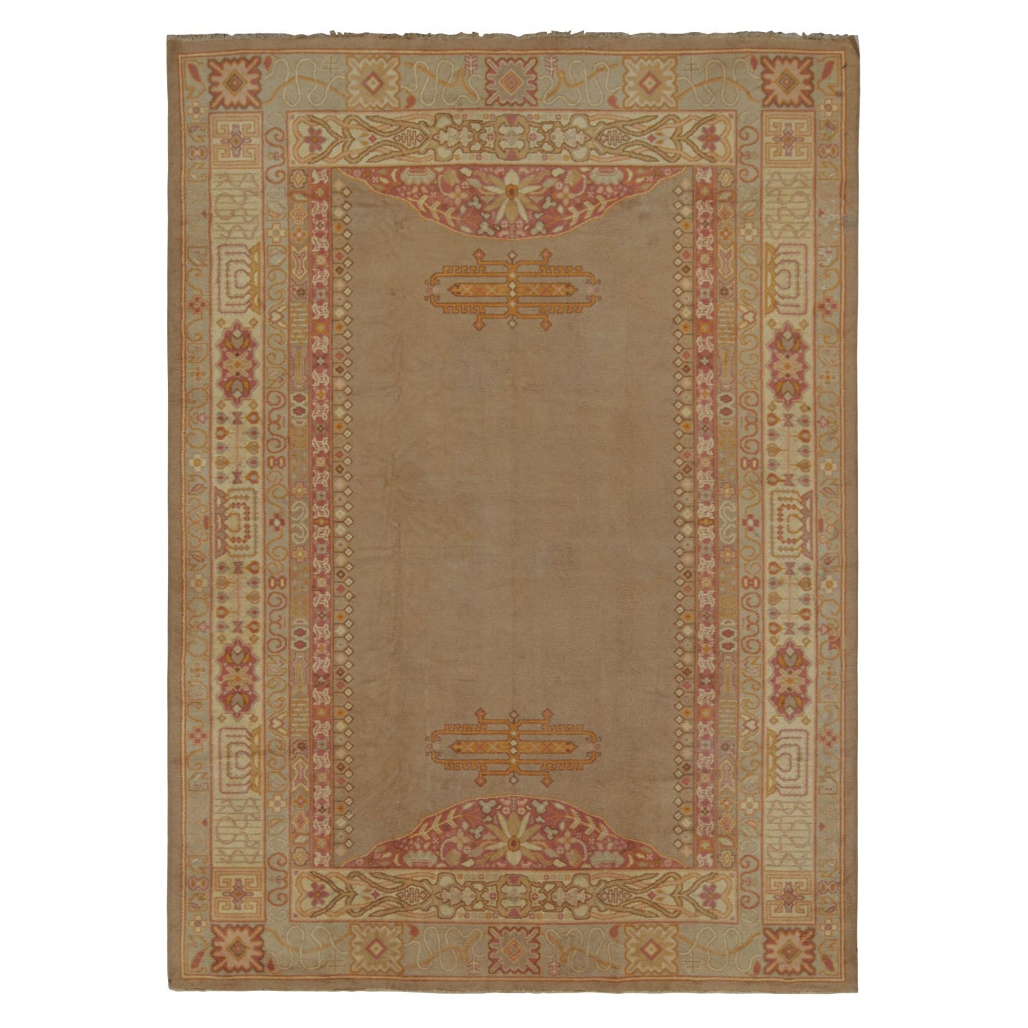 Antique Rug in Beige-Brown with Open Field & Geometric Borders For Sale