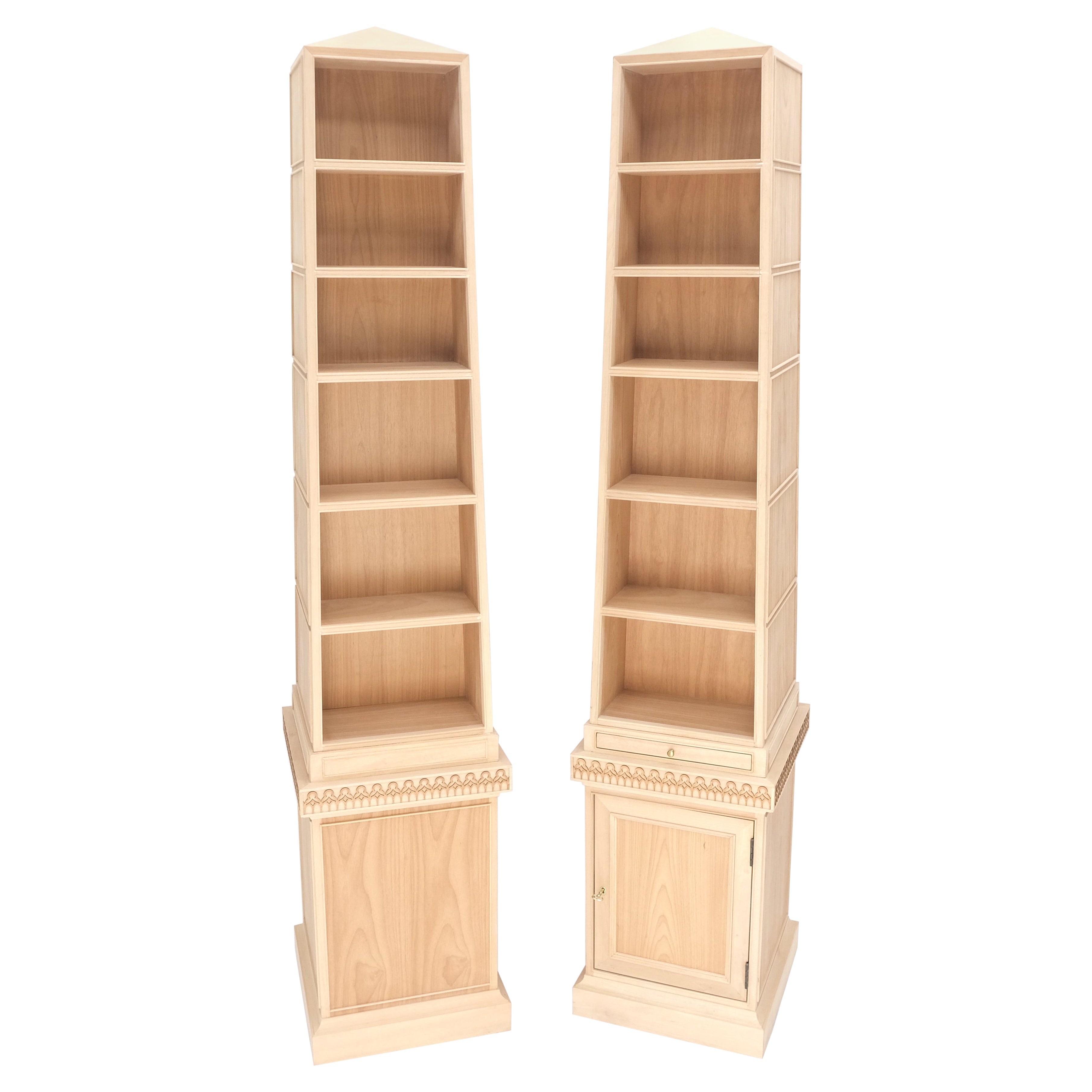 Pair New Unfinished Baker Obelisk Shape Double Sided 360 Degree Walnut Bookcases For Sale