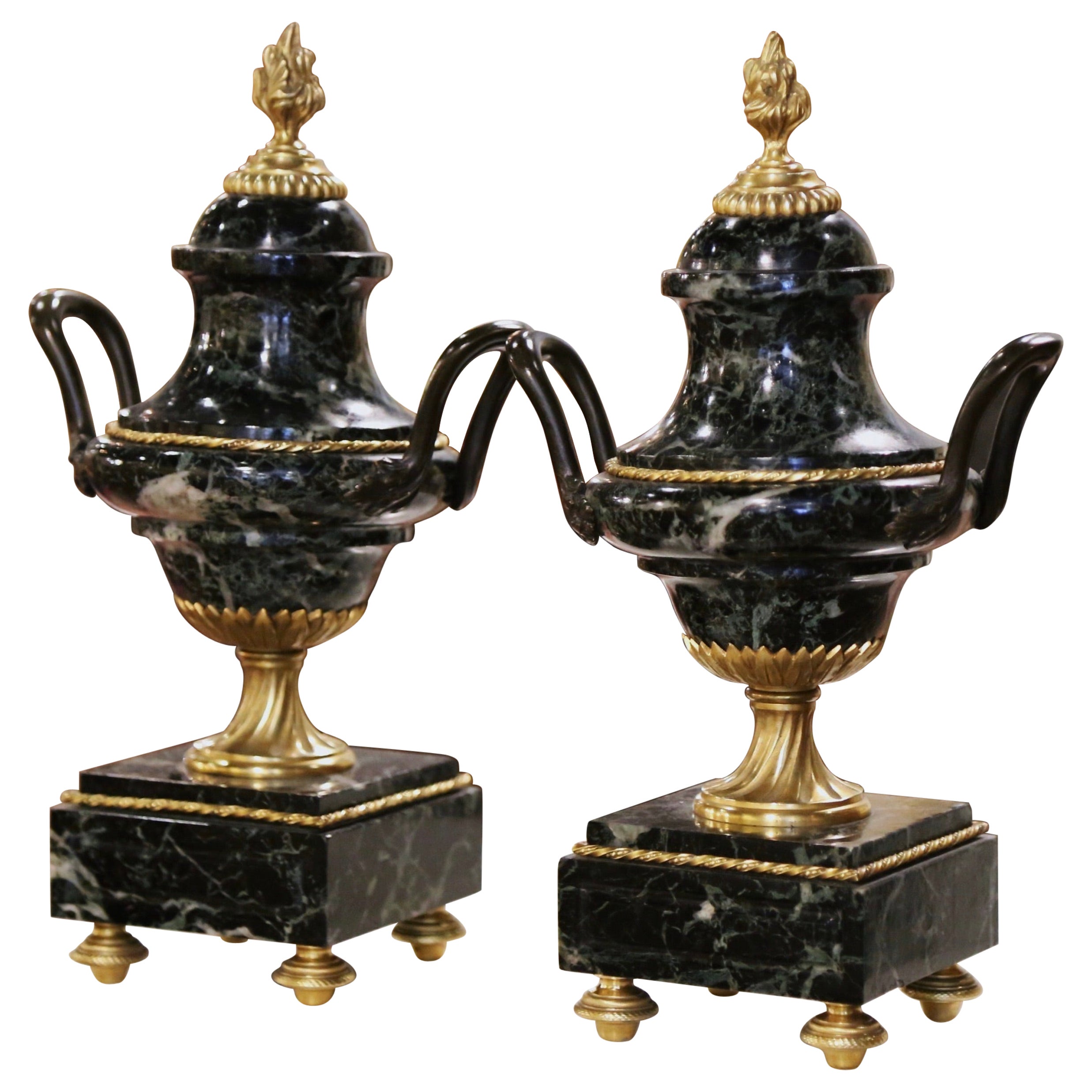 Pair of 19th Century French Carved Green Marble and Bronze Dore Cassolettes For Sale