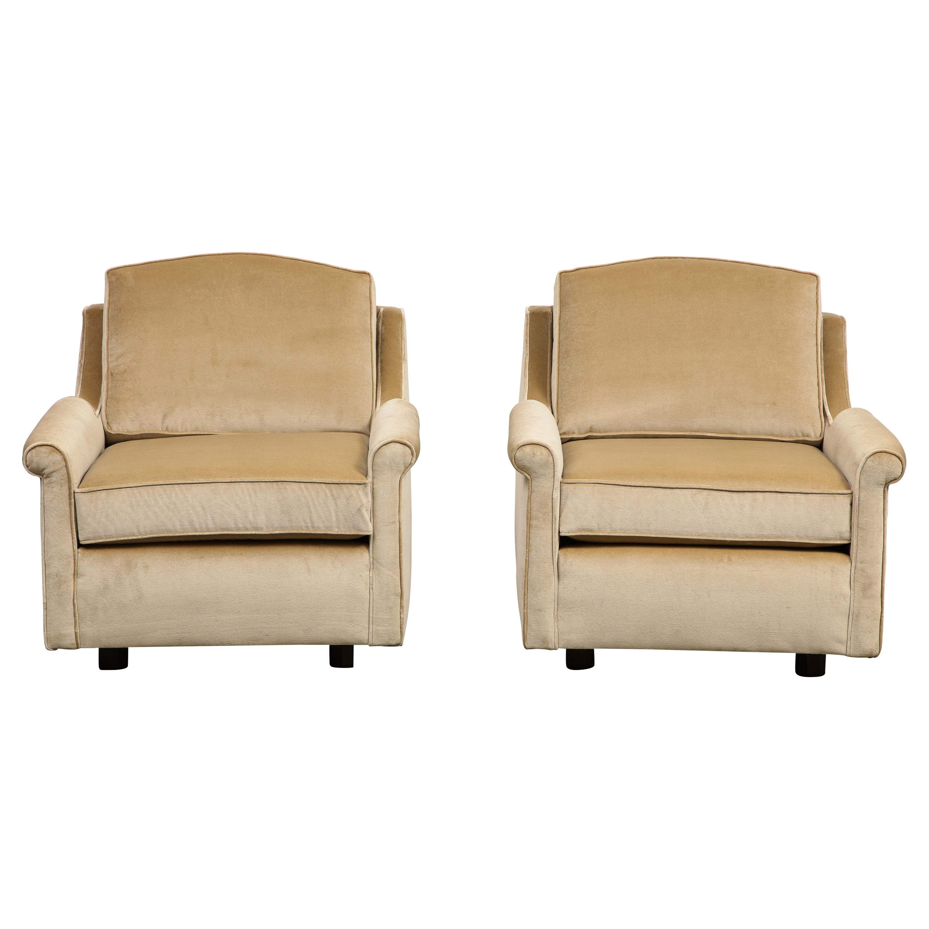 Pair of 1940s Tan Velvet Club Chairs, Newly Upholstered For Sale