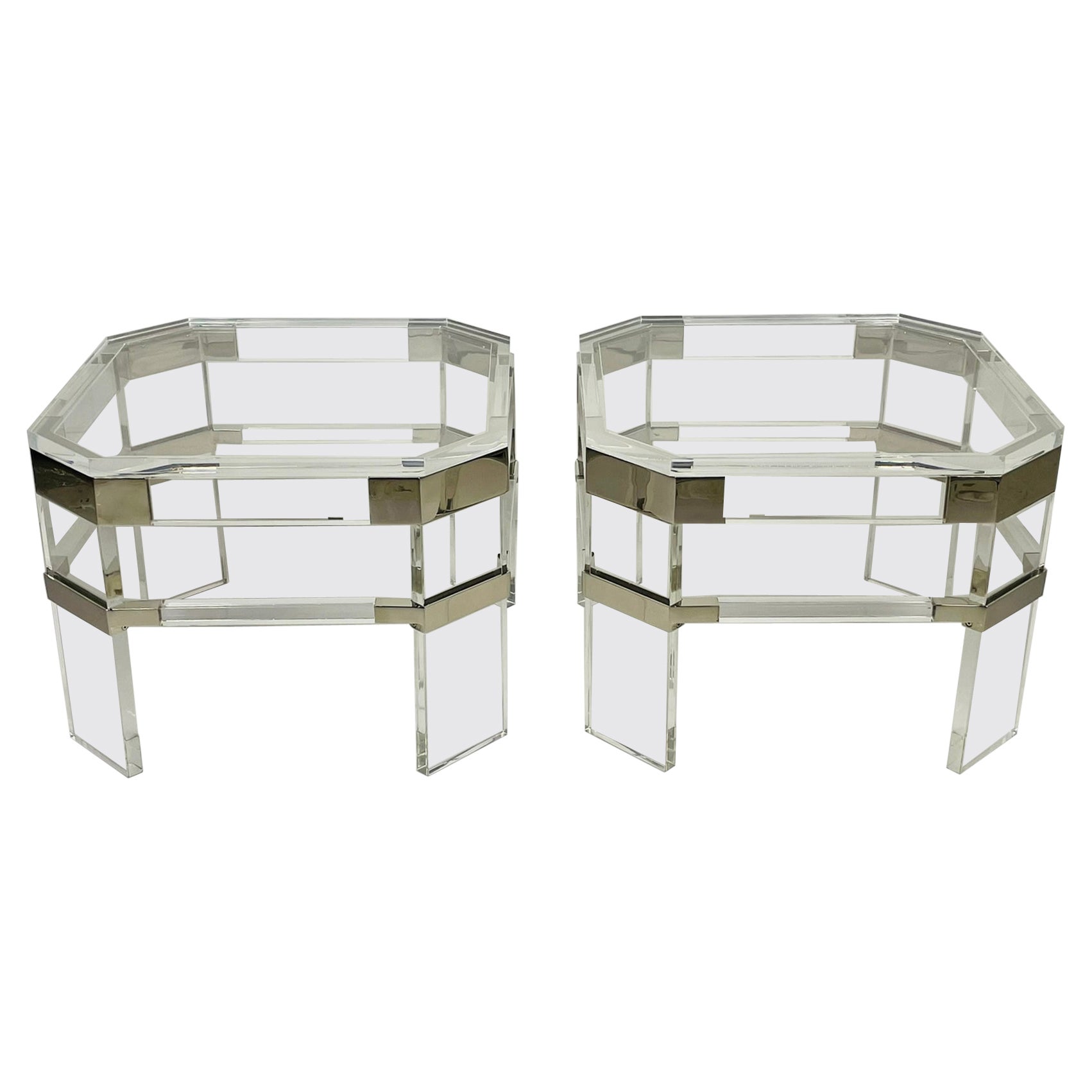 Lucite and Polished Nickel Side Tables by Charles Hollis Jones For Sale