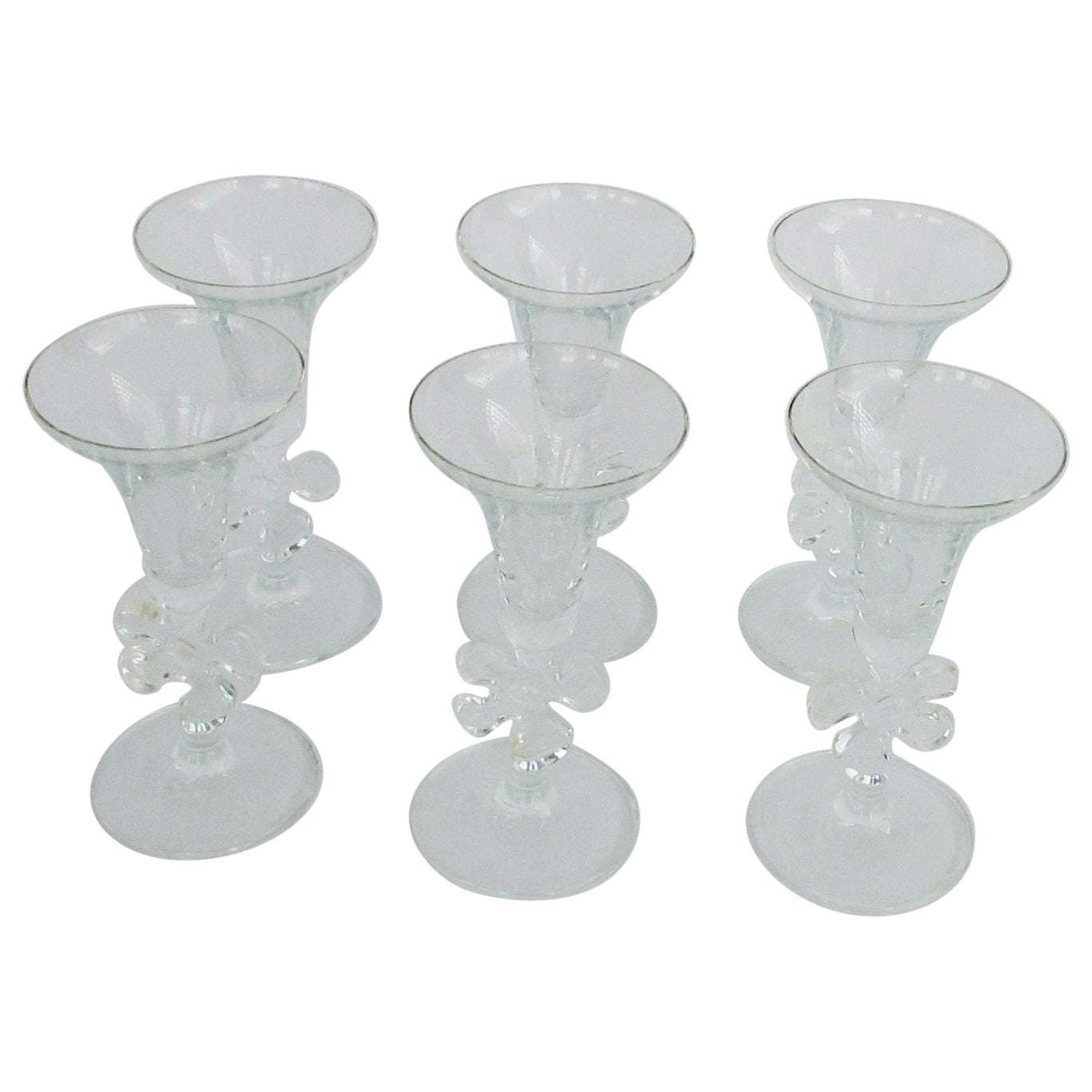 Fun and Fancy Six Marc Aurel Crystal Cordial Glasses with Jigsaw Design Stem For Sale