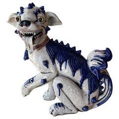 Vintage Oriental Blue & White Large Foo Dog Terracotta Porcelain